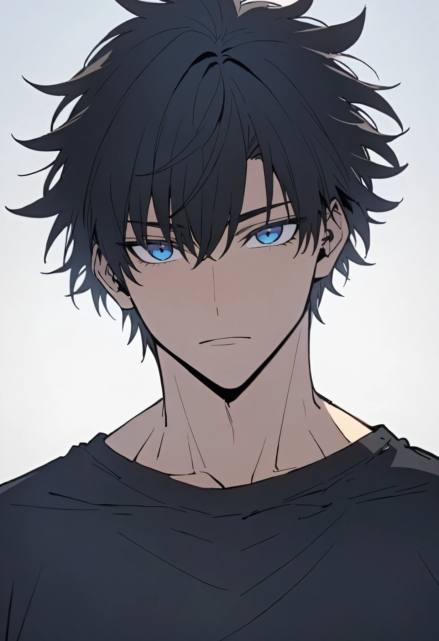 Handsome, solo, male, tall, muscular, short hair, black hair, blue eyes, black t-shirt, looking at viewer, facing viewer, simple background, white background
