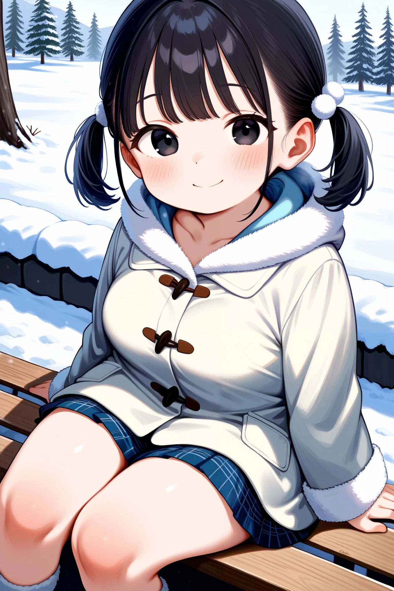 score_9,score_8_up,score_7_up,
masterpiece,best quality,
calm girl,loli,fat,obese body,petite,sitting,homewear,skirt,medium breasts,black hair,short twintails,black eyes,looking at viewer,smile,outdoors,in winter,cinematic_angle,long sleeves, duffel coat,