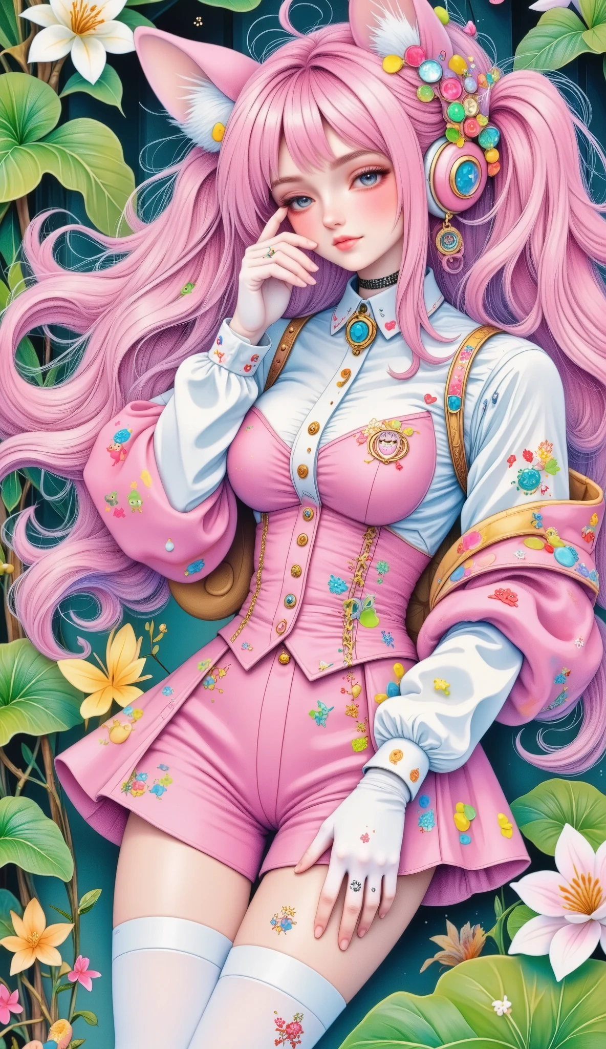 A woman wearing an Alicia  ,  wears a tight pink bodysuit and a short pink jacket with long sleeves and two-tone gloves.,  cosplay costume and white socks and white cosplay shoes  ,  has long hair with two pink pigtails with animal ear headphones 