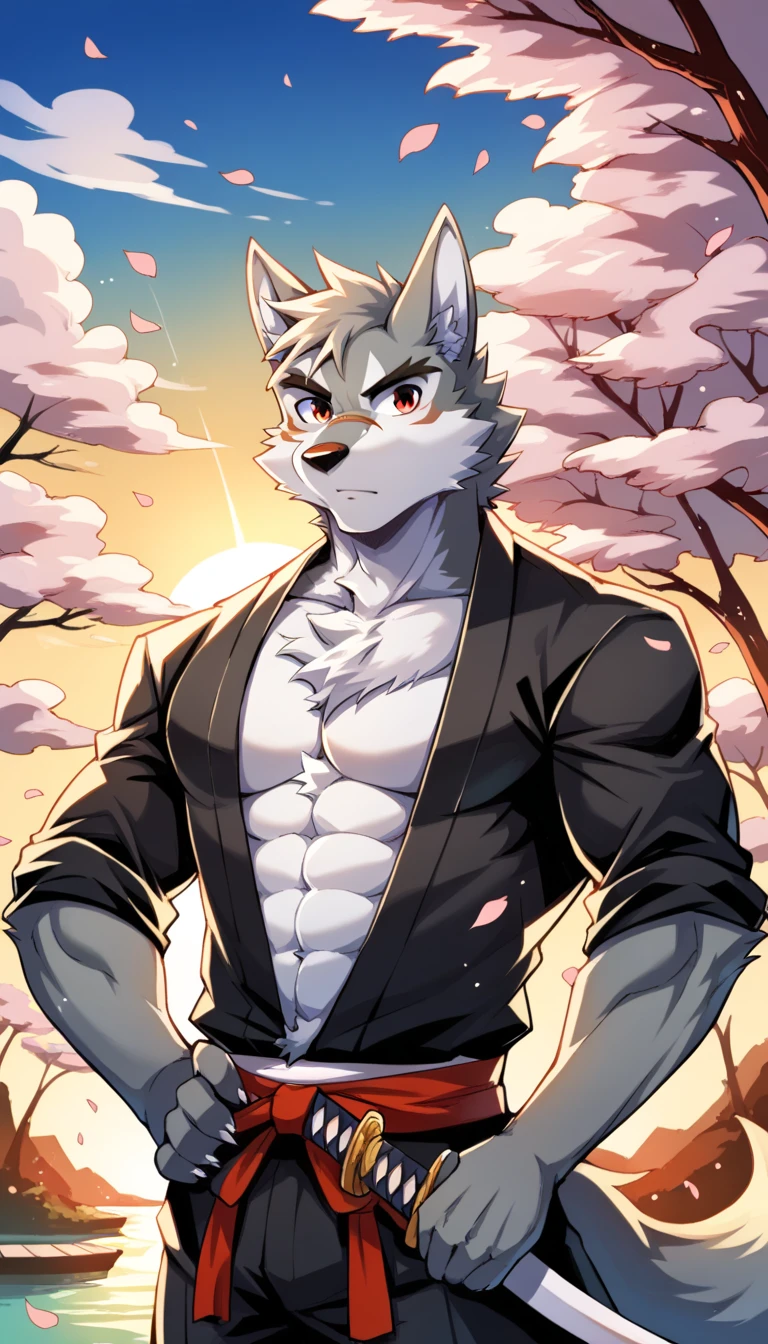 Scribble Wolf face,Cute face,Humanity(Wolf),(Black casual wear:1.3),Muscular,(Black eyebrows:1.1),(Perfect black eyes),（artist:Takemoto Arashi）,(Bulging buttocks),(black sexy underwear)，Cherry blossoms，Night Sky，Wolf尾巴，Furry Paws。