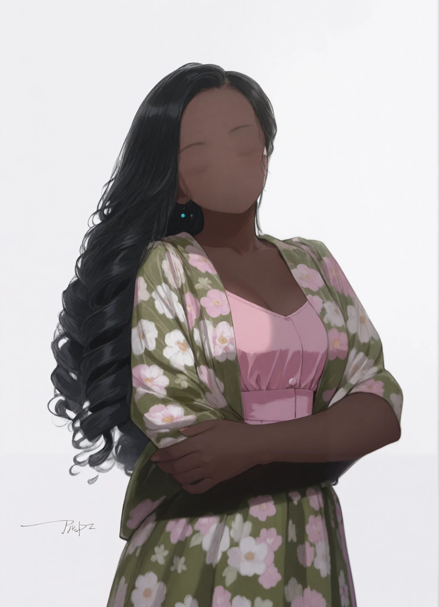 A confident woman with long curly black hair and glowing skin poses elegantly with her arms crossed, wearing a floral-patterned green and pink outfit that blends traditional and modern styles. Her calm and determined gaze exudes professionalism and sophistication, set against a plain white background with soft studio lighting, creating an empowering and poised mood.
