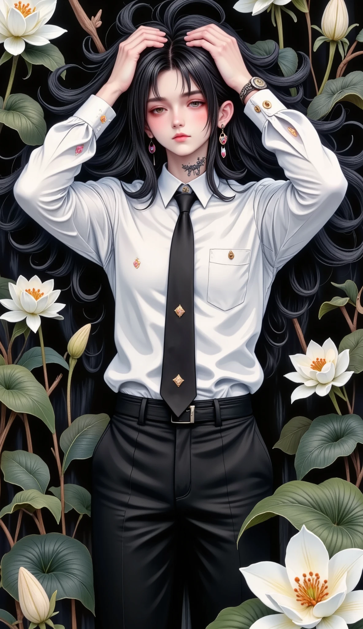 A handsome anatomically correct manga boy, full body , Plan General :1.5, Creepy hair , Perfect centralization , (franco)by Donnie , standing position , abstract beauty:1.4, centered, looking at the camera medio perfil, looking at the camera , Approaching perfection , sad, desperation , full body , hands on the head , dynamic, , seeds, sharp focus, 8K, high definition resolution , line art illustration , abstract black and white :1.3, The Art of Meat by Griffiths and Wadim Kashin , Black background