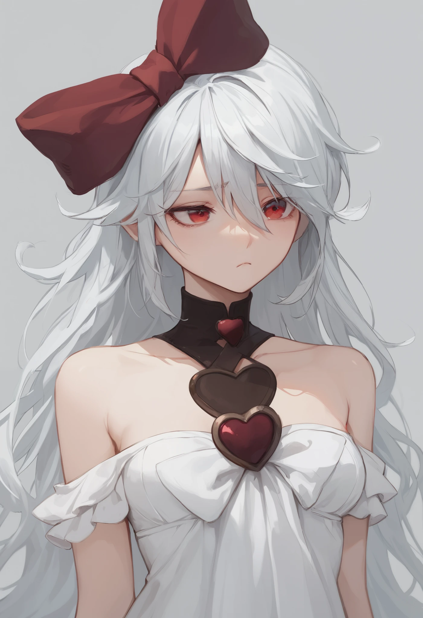 score_9, score_8_up, score_7_up, sinestrea, 1girl, white hair, bare shoulders, white dress, frown hair bow, long hair, heart brooch, medium breasts, hair bow, ribbon, red eyes,
