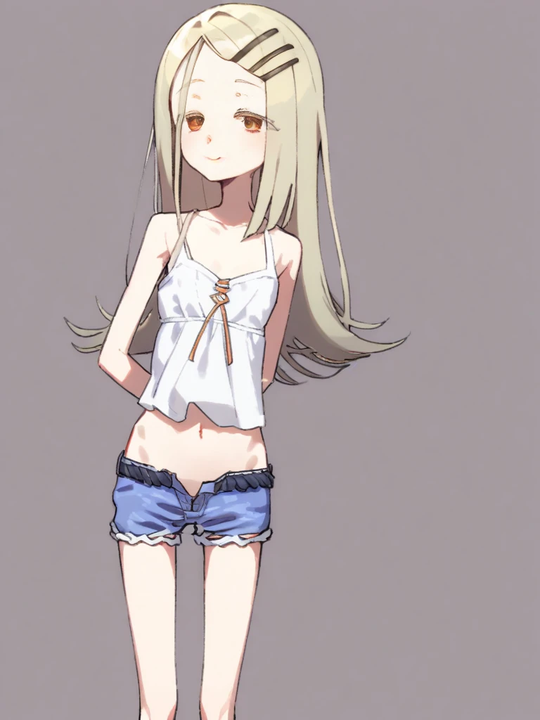 (woman)(child)(10 years old),(young),Baby Face,(masterpiece,highest quality),(Perfect Face),((stomach)),((Underboob)),(Blonde,long hair),(Mini Camisole),(Ultra Micro Denim Shorts)Put it down,(Open button),(barefoot),blush,Embarrassed,In the city,Standing posture