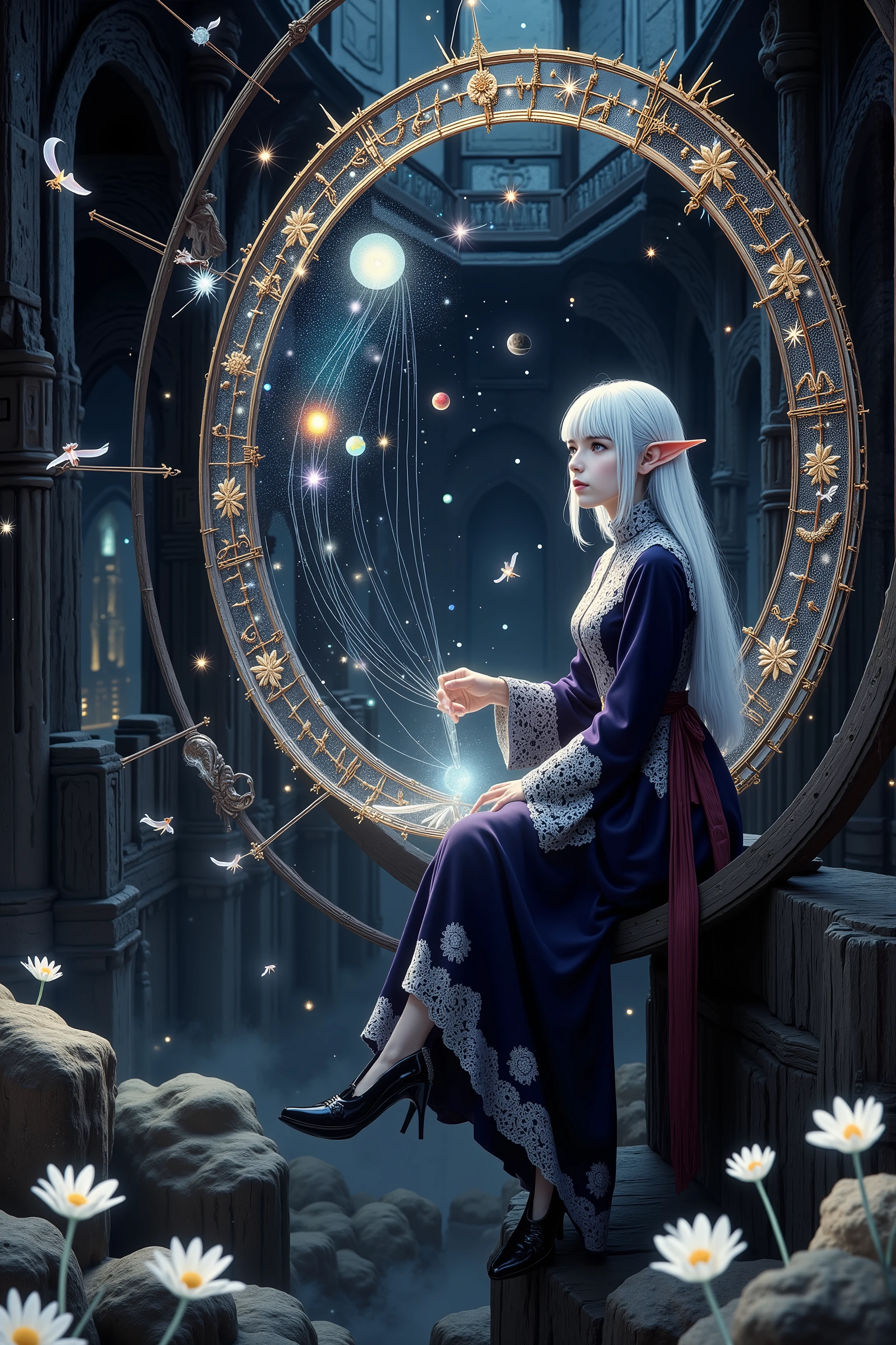 (Ultra-detailed face, Looking away, Fantasy Illustration with Gothic, Dark tone colors. Perspective looking up from the floor to the ceiling.), BREAK
(The dark elf female astronomer is in a pitch-black, unlit, huge warehouse-like space where a huge circular and elliptical machine with a diameter of 20 meters is set up with a combination of thin rails and gears in a circular and elliptical shape. The machine looks like a holographic sphere with a full-length armillary sphere that is a visual representation of the celestial navigation. She sits on a small perch suspended in mid-air, operating a control panel with crystal buttons.), BREAK
(The armillary sphere machine is a thin rail of conductors from planets and comets outside the solar system, intricately assembled and intertwined in layers. Planets, satellites, comets, and star systems move along their trajectories. The sun is burning brightly, the earth is full of water, Saturn has a large ring, Mars is red, and comets have long tails. Distant star systems appear as clouds of sparkling light particles.), BREAK
(A young-aged dark elf woman with pure white hair and eyebrows, blunt bangs, medium length straight hair, small pink lips, dark-purple color skin, lavender pupils, Draw thick, dark eyeliner around the eyes.), BREAK
(A female dark elf cleric wears thin, round glasses over her forehead, a crimson ribbon tie, and a deep navy blue lace-up dress with pure white lace embroidered with a starry sea motif. She wears jet-black high heels with particles of light emanating from them.)