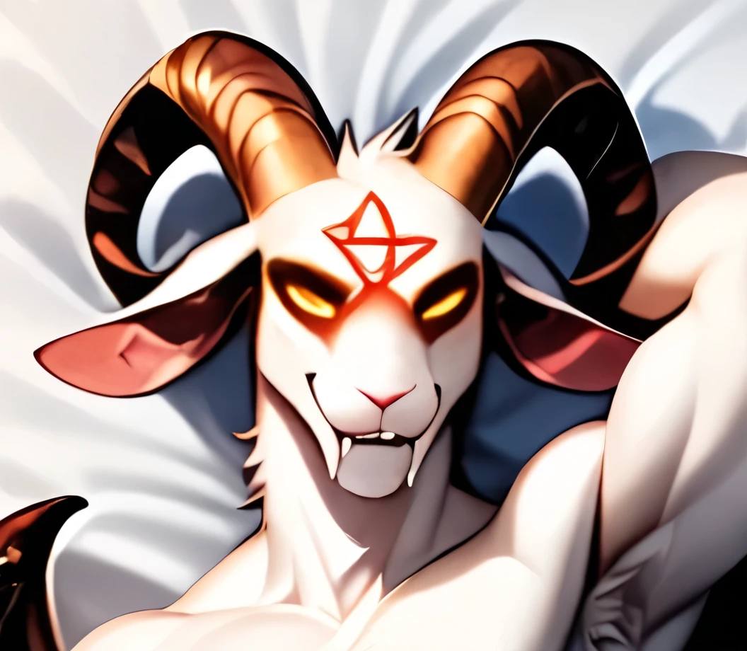 anime character with horns and a goat head with a red star on it, demon white horns , horns and red eyes, fire ram Aries tarot , suitable male demon with white horns , white horns demon queen, bapomet, with horns, white eyebrow horns , horned god , they horns , horned goddess of ram , A tiefling, lamb and goat merged together , слитые воедино, satanism