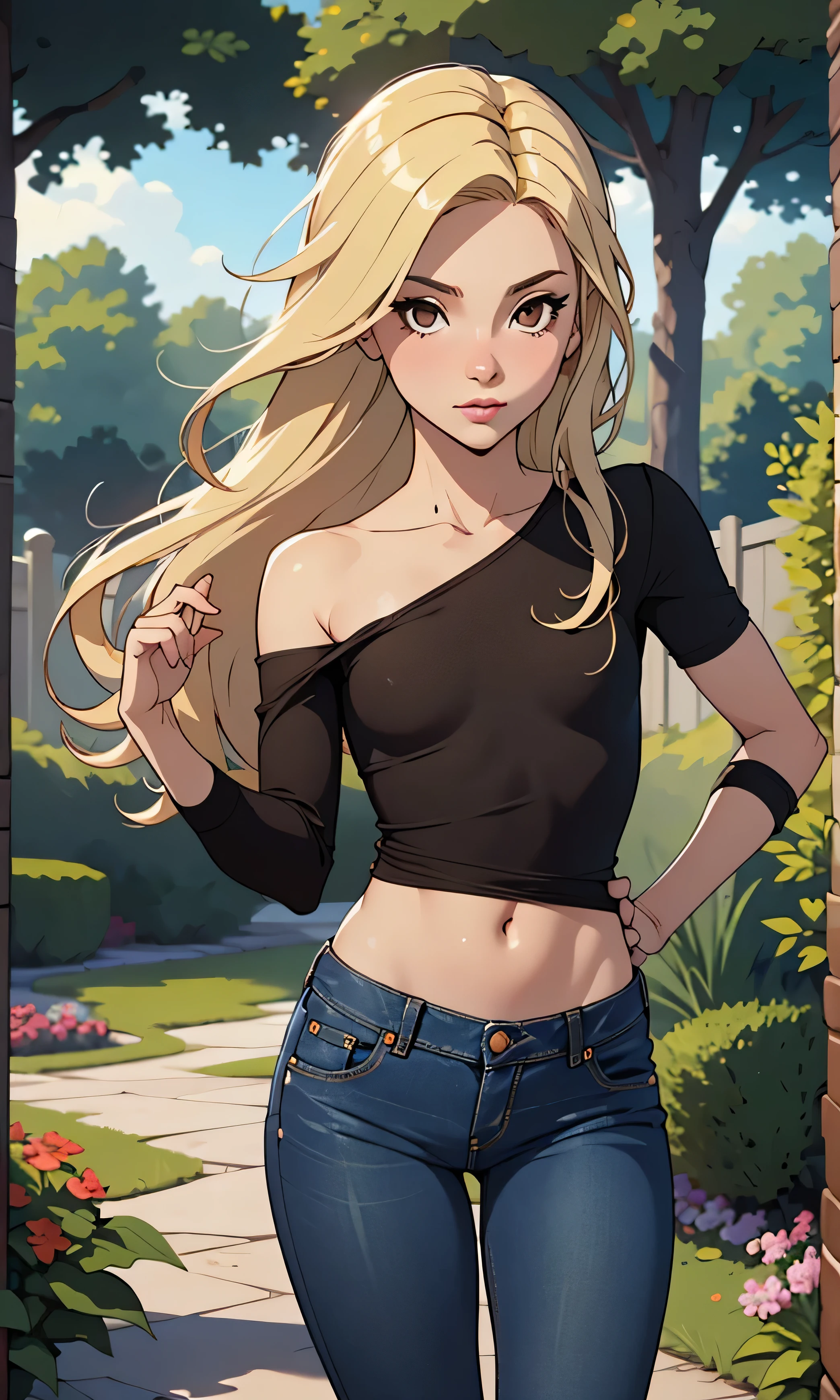  masterpiece,  high detail, A small and skinny girl, pornstar, Piper Perri, young, slim, beautiful, head on,  looking at the spectator, blonde,  long hair,  brown eyes,  medium black,  flat chest , top,  denim pants,  textured skin ,  in the garden,