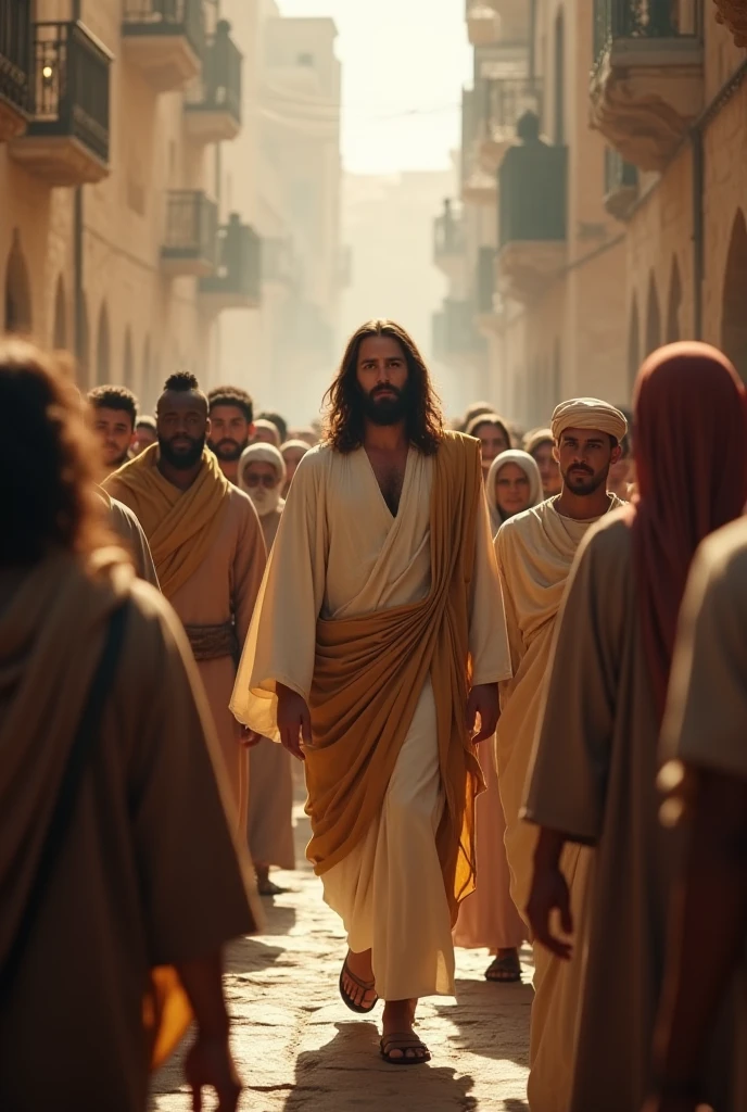 Jesus walks down a very busy street and is harassed by beggars.