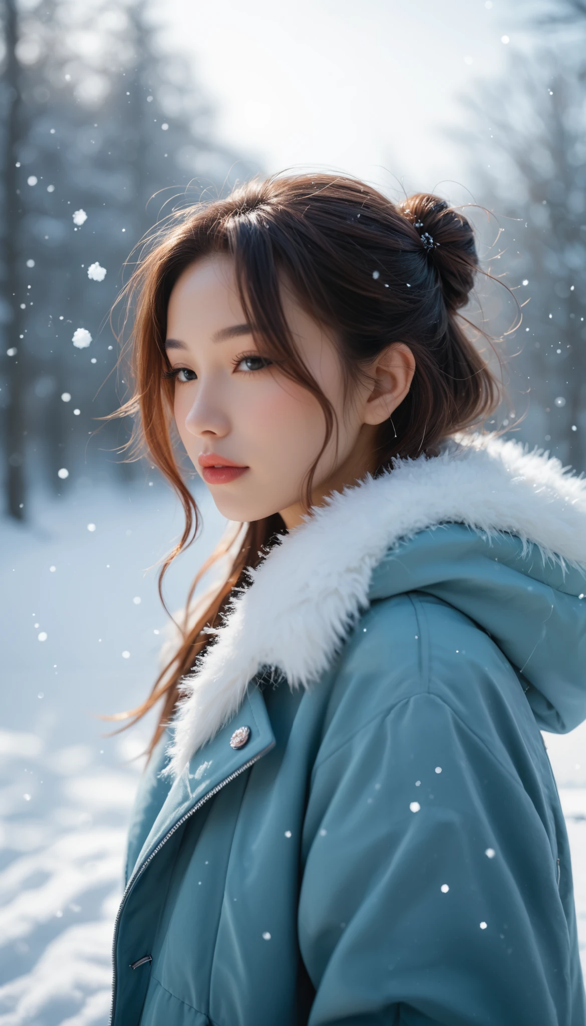 score_9_ up, score_8_ up, score_7_ up, Abstract, 1 girl, Alone,winter,(Upper body close-up),粉雪がが舞う並木道を歩くwoman,Front ,Asahi,Beautiful Gradients ,Photo Frames, is written in depth,Particles of light,Powder snow dancing in the air,Stylish warm jacket,顔の up, close my eyes because of the location