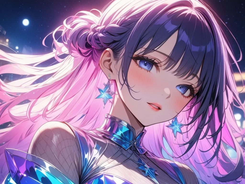 1girl, masterpiece, extremly detailed, ((Cinematic lighting)), (glowing), ((dramatic lighting)), ((beautiful detailed glow)), intricate detail, lens flare, finely detailed beautiful face, multicolored hair, gradient hair, black hair, white hair, medium hair, floating hair, upper body, dutch angle, universe, space, sunshine, lens flare, galaxy, nebula, closed eyes, black top, white frill, colorful background, wode shot, upper body, large breasts, cleavage