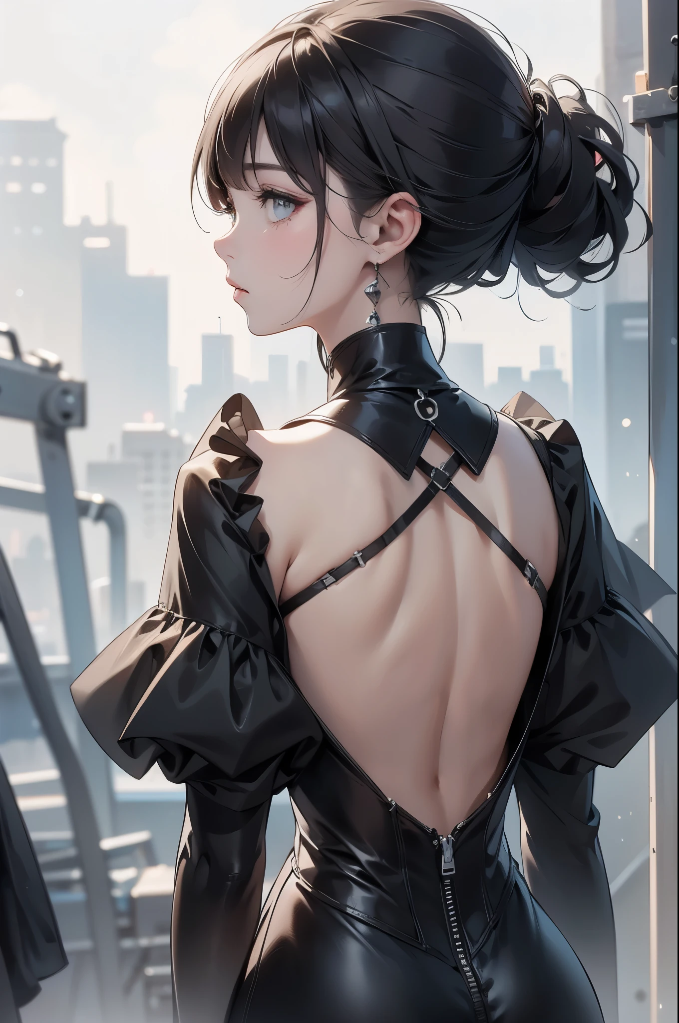 (Image from chest up:1.4)((masterpiece:1.5,Highest quality,Beautiful images、2.8D illust、Abstract、artistic、Portraiture, black and white theme))(one person, Alone)(Medium chest, sideboob, Gray Hair、Bob Hair、Expose your shoulders、Shoulder Tattoo, slender body shape)(Profile Portrait,Look at me sideways、Look at an angle、shake your head、Sad look, Floating Hair)(Monotone artistic background、Plain background)((From the side:1.5)),