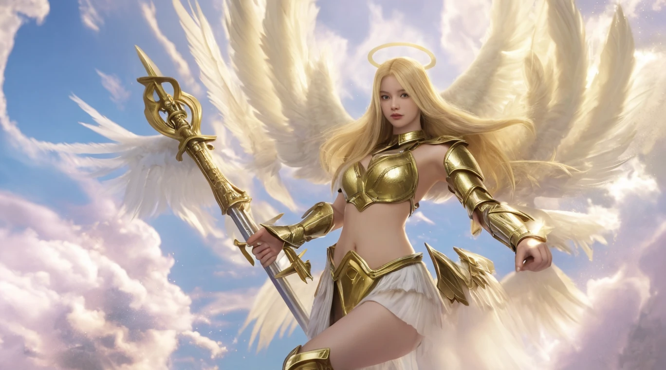 beautiful noble angel, slender female, 24-year-old, symmetric eyes, angel ring, (((wearing white-gold greek dress, 2 large swan wings))), (((chignon blonde, small bust, narrow waist, beautiful legs, smiling gently))), (((looking at viewer))), (((against sun, in heaven))), highly detailed