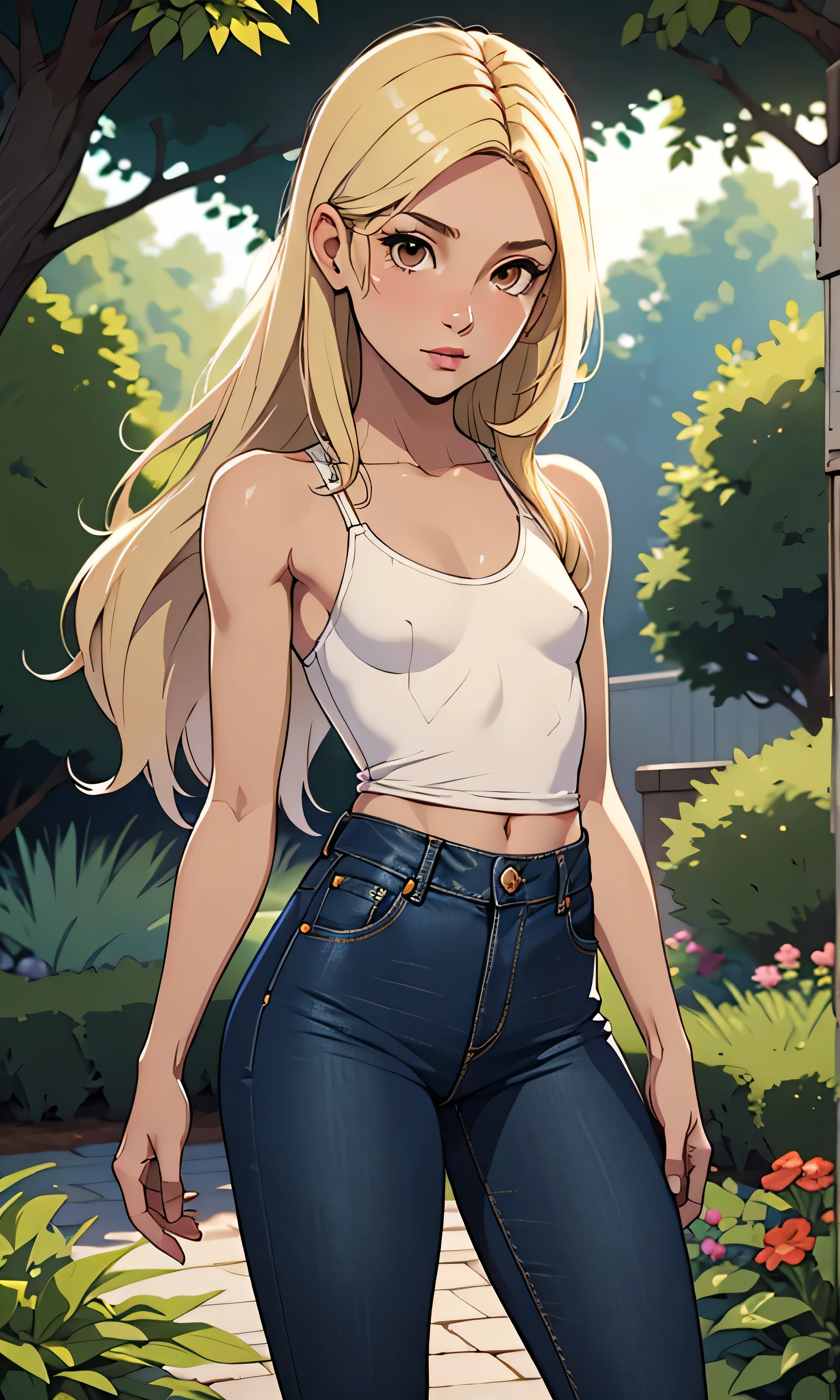 masterpiece, high detail, A small and skinny girl, pornstar, Piper Perri, young, slim, beautiful, head on, looking at the spectator, blonde, long hair, brown eyes, medium black, flat chest , top, denim pants, textured skin , in the garden,