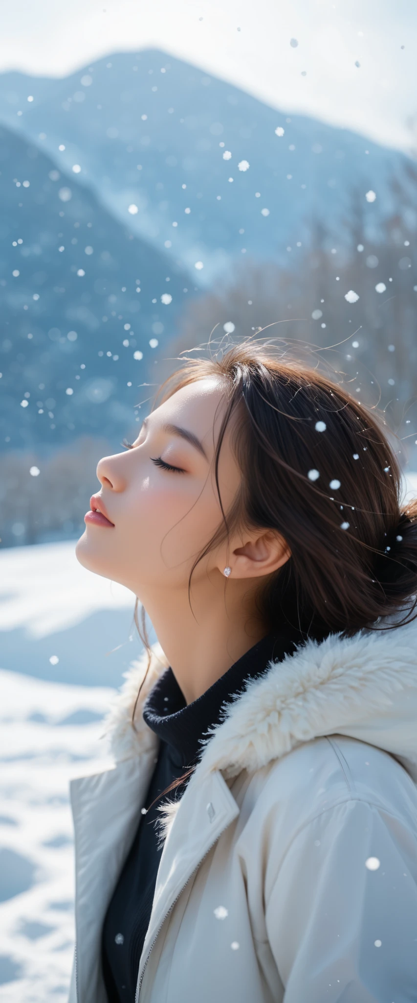 score_9_ up, score_8_ up, score_7_ up, Abstract, 1 girl, Alone,winter,(Upper body close-up),粉雪がが舞う並木道を歩くwoman,Front ,Asahi,Beautiful Gradients ,Photo Frames, is written in depth,Particles of light,Powder snow dancing in the air,Stylish warm jacket,顔の up,( close my eyes because of the location:1.3), beautiful faces,(Beautiful wide texture),Look up to the sky, hair fluttering in the wind