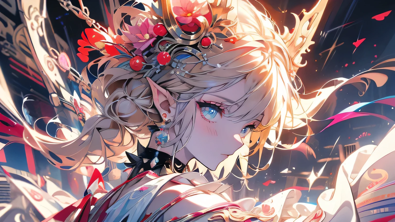 delicate and beautiful CG artwork),(best quality, ultra-detailed, high resolution),(dynamic angle, dynamic lighting),(1 girl),(masterpiece, top quality, best quality, official art, beautiful and aesthetic:1.2), (1girl:1.3), (fractal art:1.3), card, tarot, blue and pink hair, hearts, twin braids, hair flower, (good lighting:1.1), ((highres)), Tarot card style