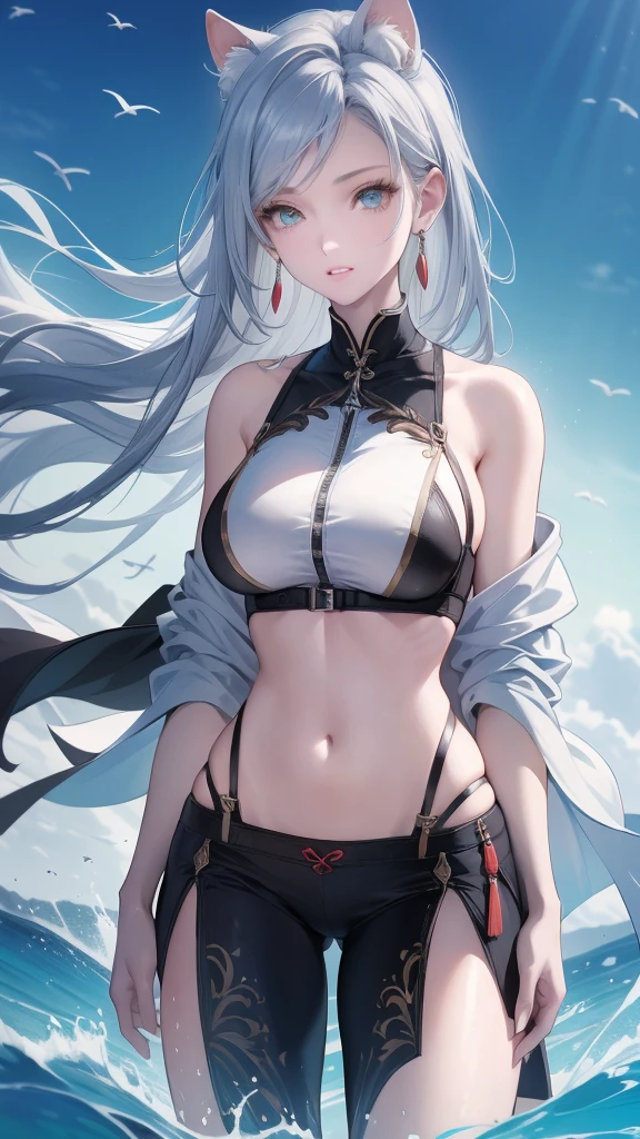 (Image from chest up:1.4)((masterpiece:1.5,Highest quality,Beautiful images、Realistic、2.5D、Artistic、Portraiture))(1girl, solo)(medium breasts, Silver Hair、long hair、Beautiful cleavage、sideboob、Exposing shoulders、Tattoo on shoulder)(Profile Portrait,Gaze sideways、Gaze diagonally、Shake your head、A sad expression, floating hair)(Monotone Abstract Background)((from diagonally forward:1.3)),Landscape,((outfit-inori,Monotone costumes))