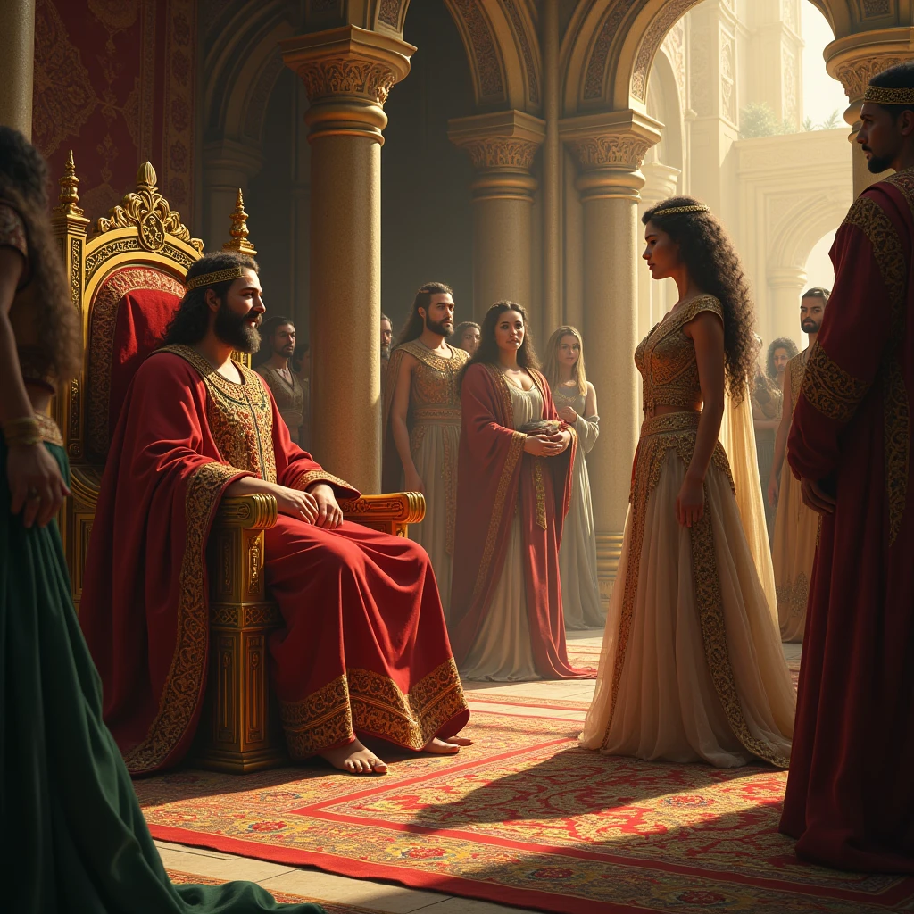 Make the queen of Persia with a red dress and her crown at the table and the king of Persia with his tall golden crown and with a dark beard and an officer with a white beard and a white turban , the queen is pointing her finger at the officer in the white turban with a look of fright add to the background garden with sun shining
