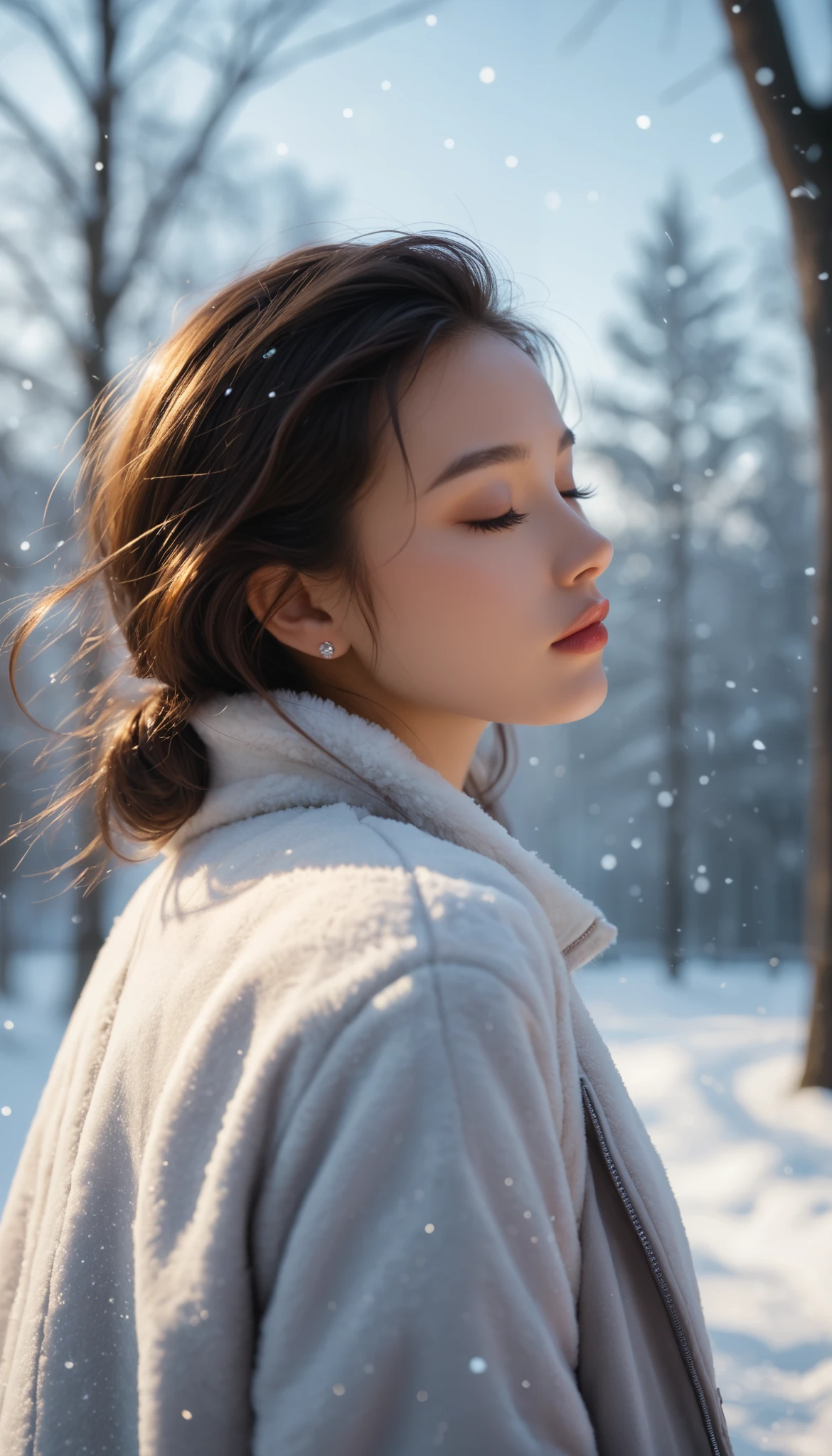 score_9_ up, score_8_ up, score_7_ up, Abstract, 1 girl, Alone,winter,(Upper body close-up),粉雪がが舞う並木道を歩くwoman,Front ,Asahi,Beautiful Gradients ,Photo Frames, is written in depth,Particles of light,Powder snow dancing in the air,Stylish warm jacket,顔の up,( close my eyes because of the location:1.3), beautiful faces,(Beautiful wide texture),Look up to the sky, hair fluttering in the wind