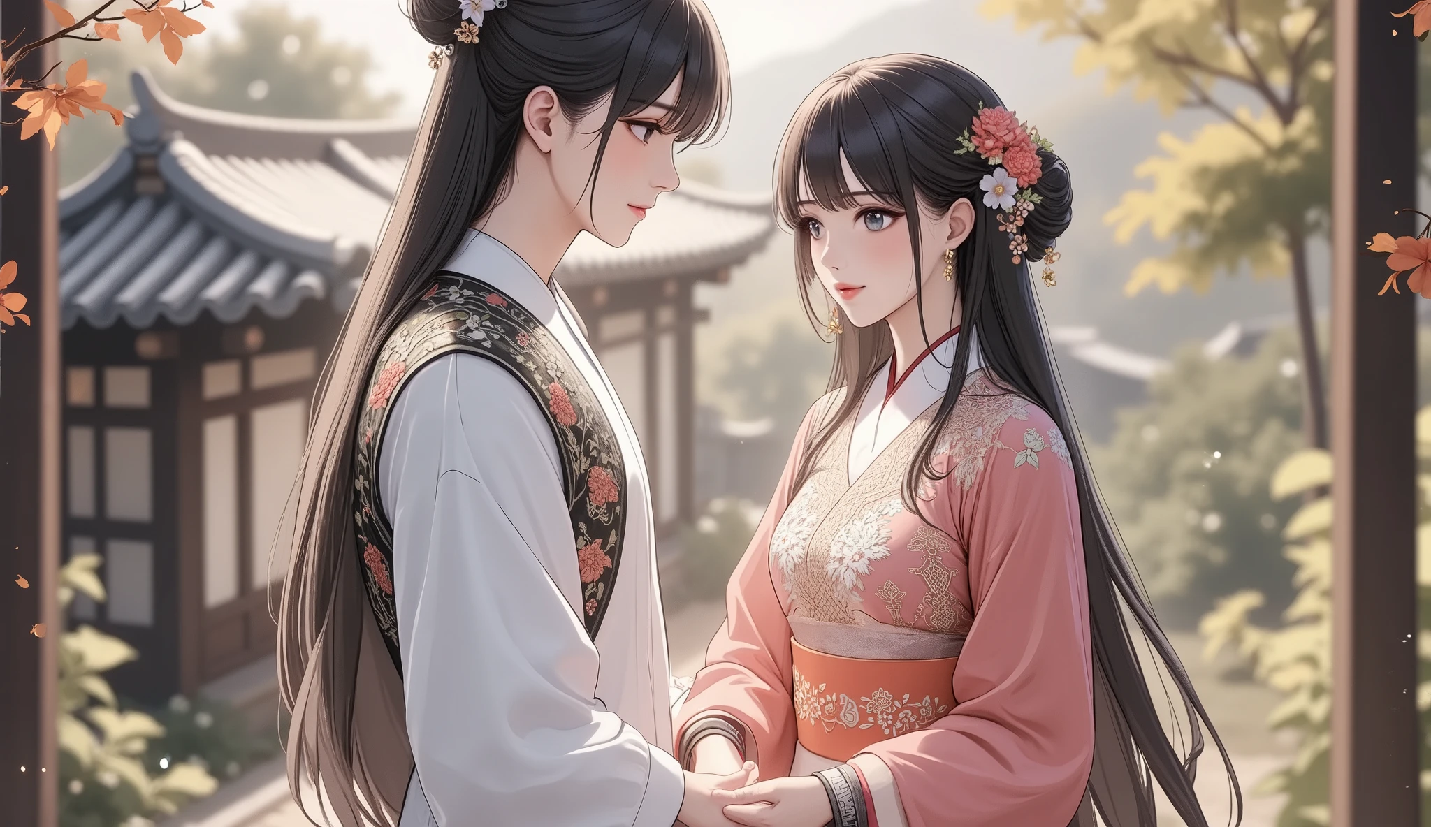 stable shooting , No camera movement, Branches slightly swaying in the breeze,The moves slowly and gently,korean traditional house, hanok , Korean language, tree flower, autumn heaven , long and short stomach, whole body , super high volume division, Korean form, korean girl,korean man,
A man and a woman holding hands, Man in Hanbok
