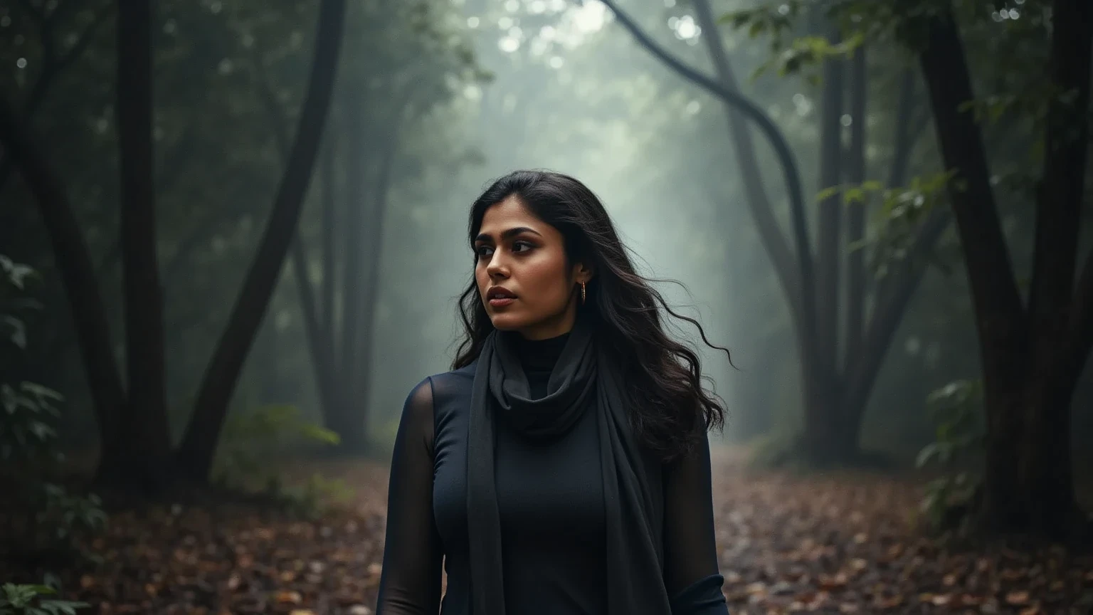 "A woman walking through a misty forest, the dense canopy above making the scene dim yet ethereal. Her figure is slightly obscured by the mist, with sunlight creating soft, glowing streaks through the haze, giving her a mysterious aura."