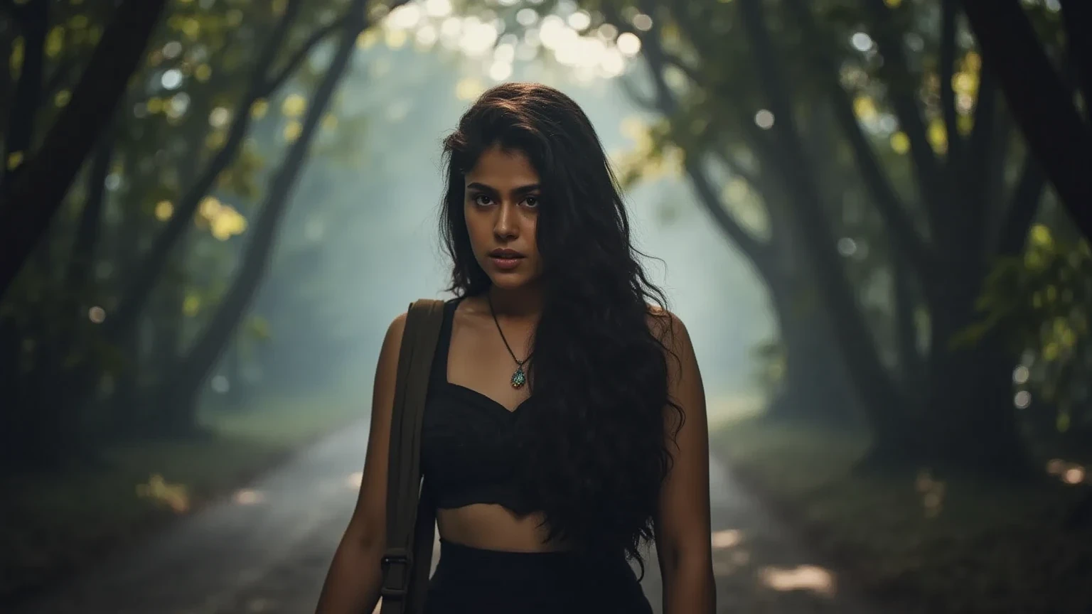 "A woman walking through a misty forest, the dense canopy above making the scene dim yet ethereal. Her figure is slightly obscured by the mist, with sunlight creating soft, glowing streaks through the haze, giving her a mysterious aura."