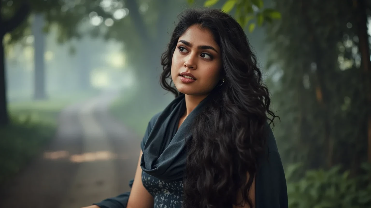 "A woman with well detailed face walking through a misty forest, the dense canopy above making the scene dim yet ethereal. Her figure is slightly obscured by the mist, with sunlight creating soft, glowing streaks through the haze, giving her a mysterious aura."