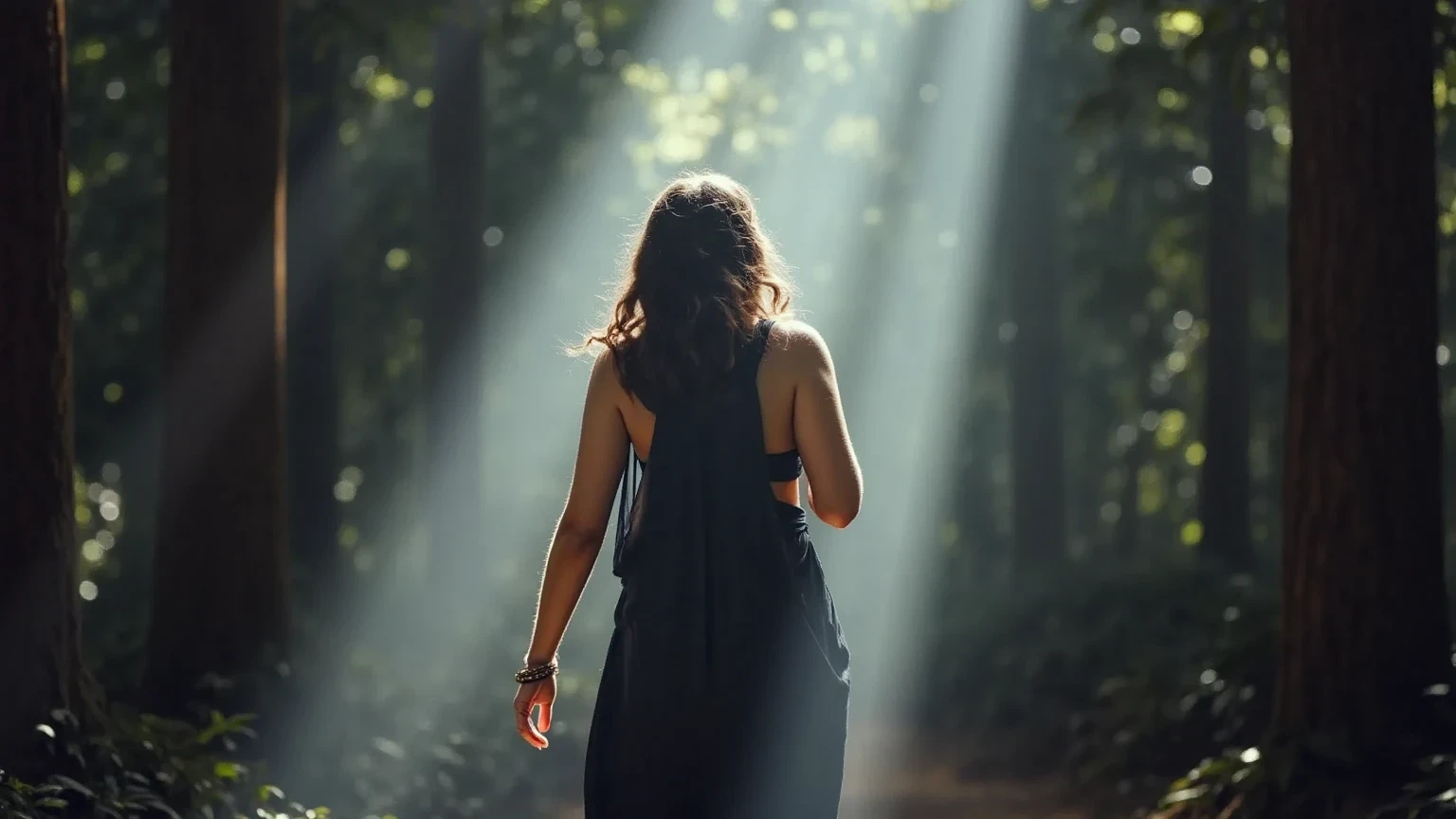 "A woman walking through a misty forest, the dense canopy above making the scene dim yet ethereal. Her figure is slightly obscured by the mist, with sunlight creating soft, glowing streaks through the haze, giving her a mysterious aura."