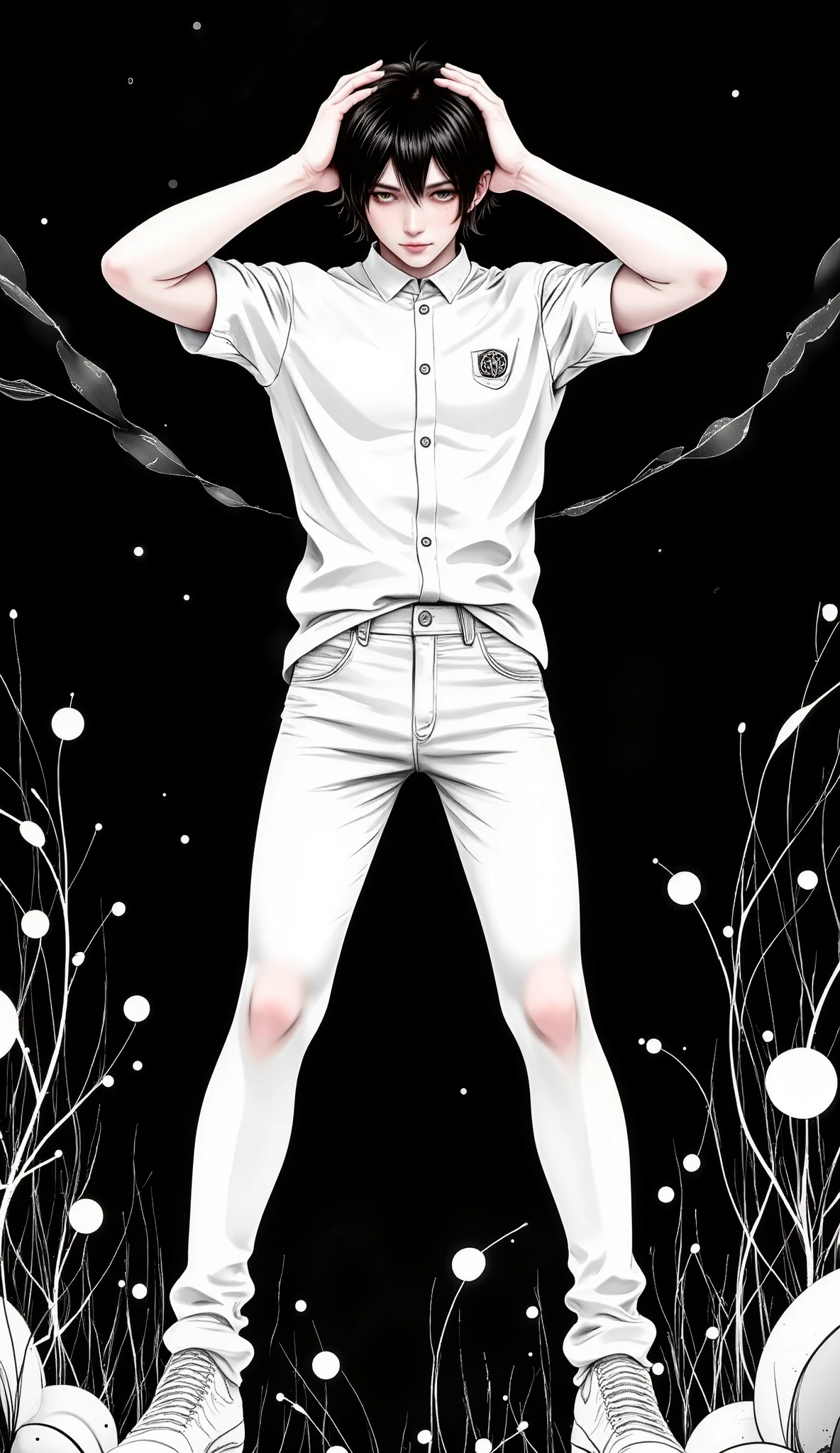 A handsome anatomically correct manga boy, full body , Plan General :1.5, Creepy hair , Perfect centralization , (franco)by Donnie , standing position , abstract beauty:1.4, centered, looking at the camera medio perfil, looking at the camera , Approaching perfection , sad, desperation , full body , hands on the head , dynamic, , seeds, sharp focus, 8K, high definition resolution , line art illustration , abstract black and white :1.3, The Art of Meat by Griffiths and Wadim Kashin , Black background
