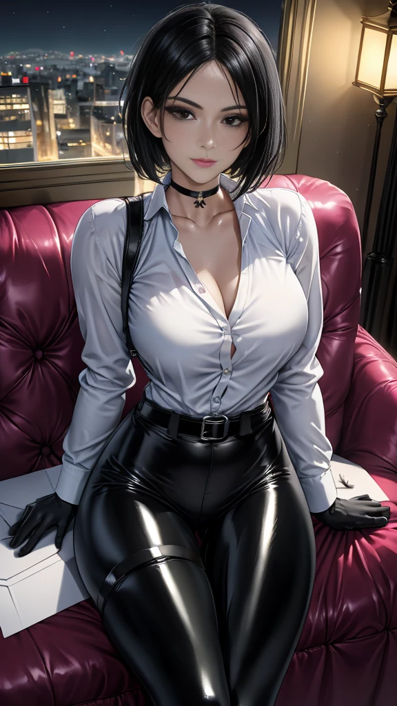 ((Masterpiece)),((Best Quality)),ultra detailed,lightning,((Masterpiece)),((Best Quality)),ultra detailed,lightning,exterior,Jodie Starlin,1 girl,Alone,glasses,(session),short hair,by rubio,dark,headrest,crossed legs,looking at the viewer,Telephone,lipstick,dress,SMILE,nail polish,make up,cellTelephone,grey eyes,chair,sweater,Blue eyes,wallpaper,beautiful body,beautiful Nose,beautiful character design,Perfect eyes,Perfect face,ultra high resolution,4k,(beautiful, big breasts:1.2),(beautiful rostro:1.2),(narrow waist),shiny skin,Official style,anime screencap,whole body,animated coloring,Meitantei Conan,interior,Sofa,Mesa,television