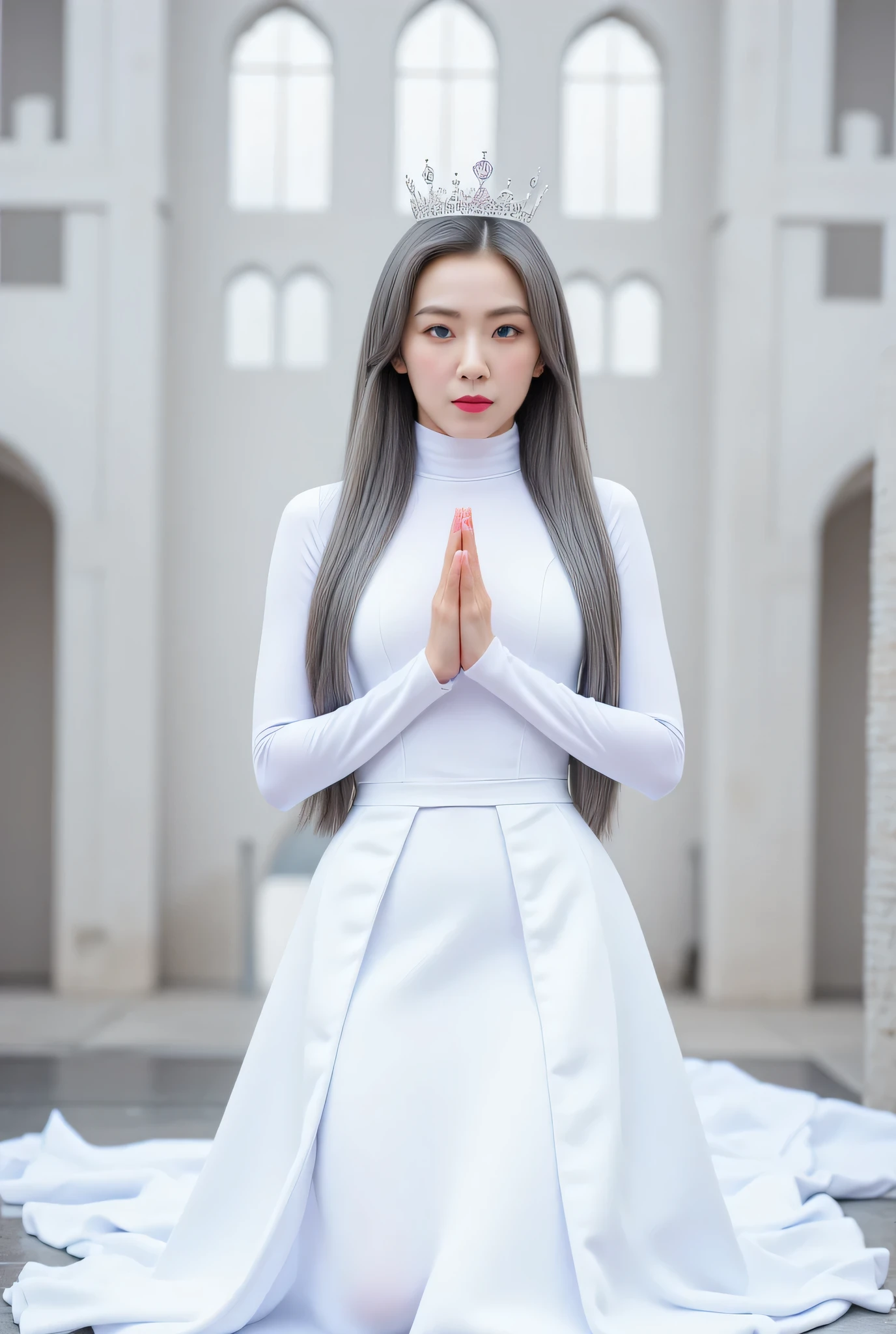 A princess is kneeling praying position, Facing front, background of a castle of white color, using a long sleeve white turtle neck model T-shirt , using a long maxi skirt to the toe of white color , long gray hair, using a crown of white color, pale white smiley lips , snow-white skin