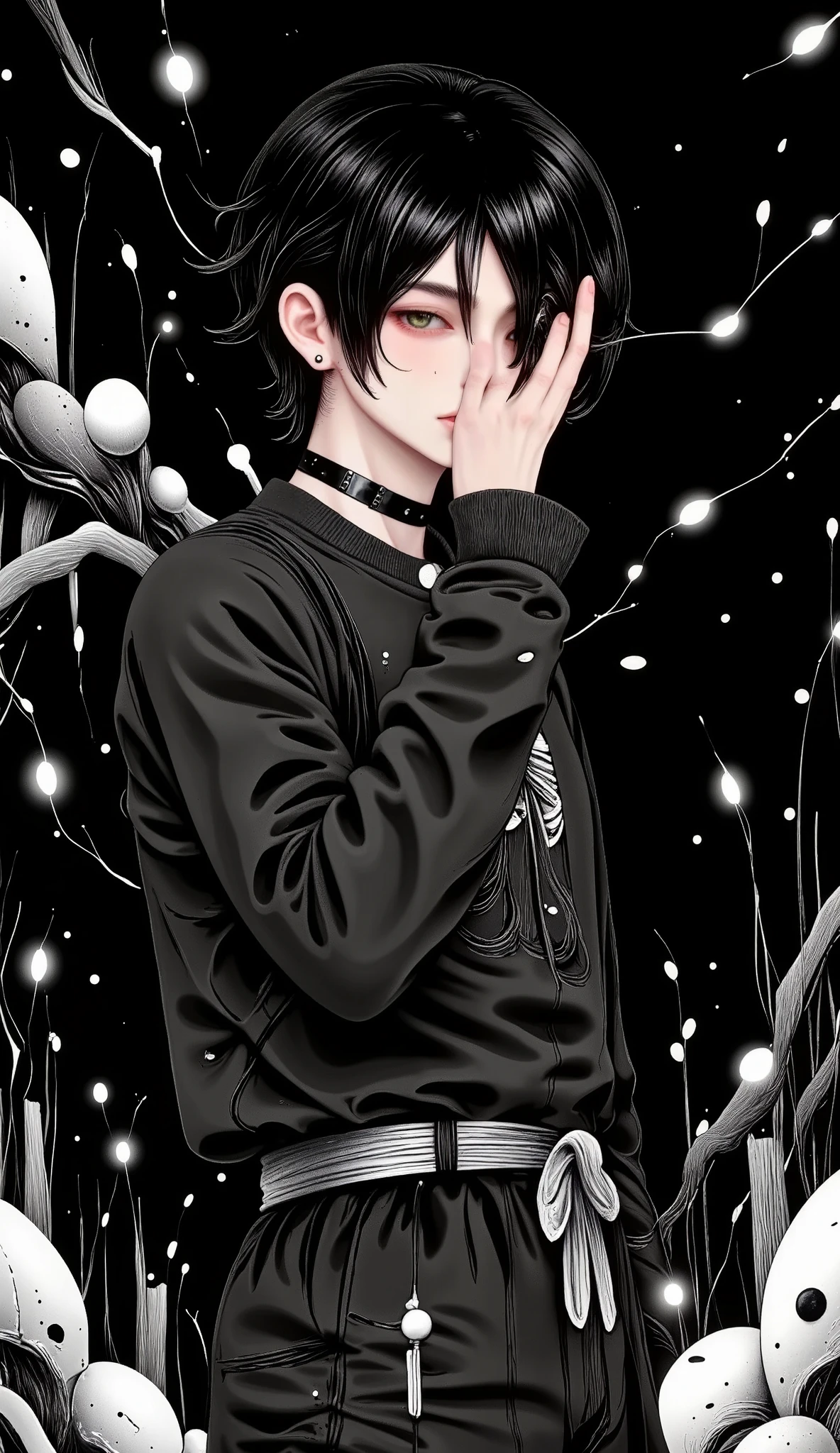 A handsome anatomically correct manga boy, full body , Plan General :1.5, Creepy hair , Perfect centralization , (franco)by Donnie , standing position , abstract beauty:1.4, centered, looking at the camera medio perfil, looking at the camera , Approaching perfection , sad, desperation , full body , hands on the head , dynamic, , seeds, sharp focus, 8K, high definition resolution , line art illustration , abstract black and white :1.3, The Art of Meat by Griffiths and Wadim Kashin , Black background