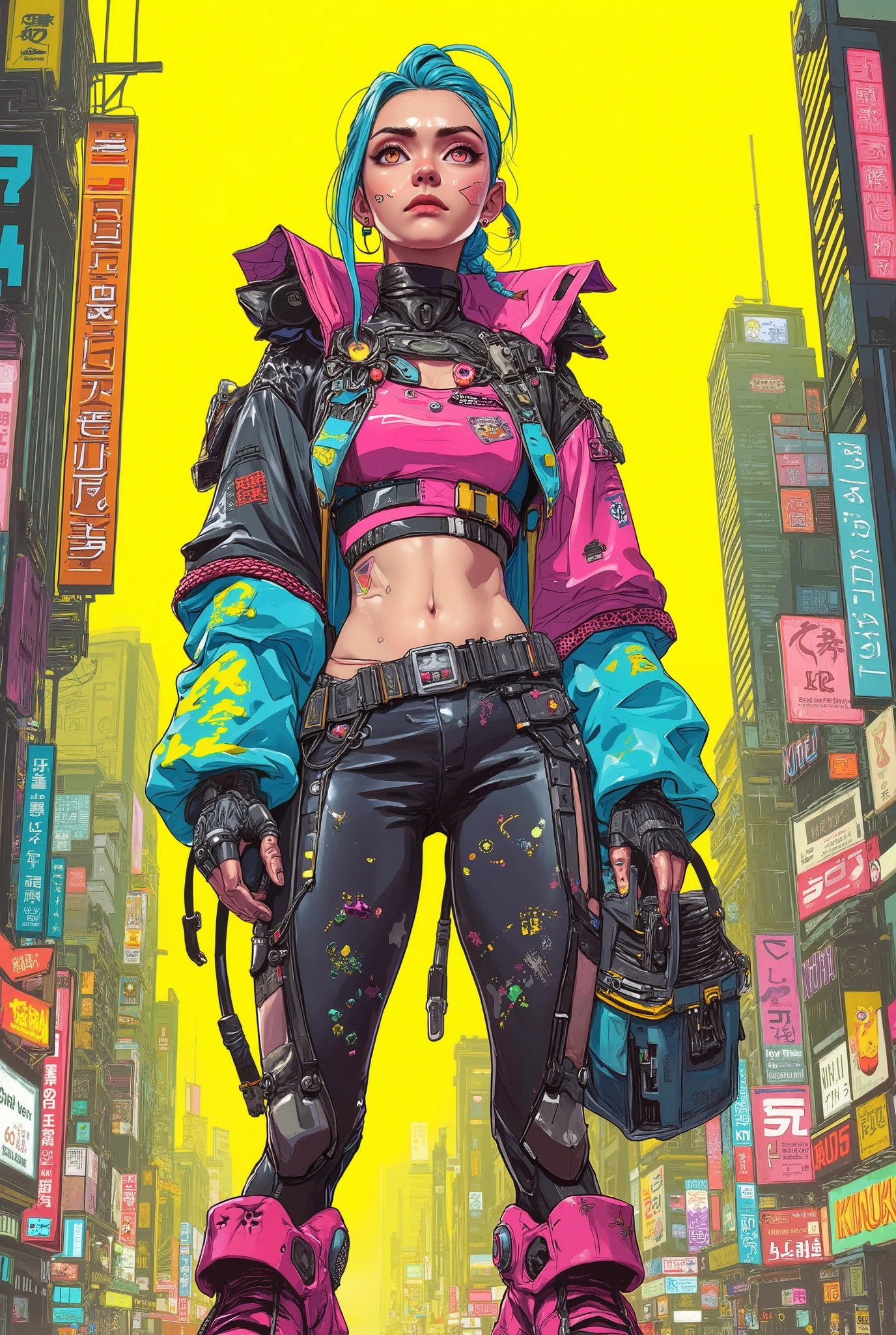 masterpiece, highest quality, jinx arcane Cyberpunk girl, Pop costumes inspired by Harajuku, Bold colors and patterns, eye-catching accessories, Trendy and innovative hairstyles, bright makeup, Cyberpunk dazzling cityscape, yellow is noticeable,skyscraper, neon sign, led lights, Bright and vivid color scheme, anime, figure, fine skin texture, fine cloth texture, beautiful detailed face, intricate details, Super detailed.
