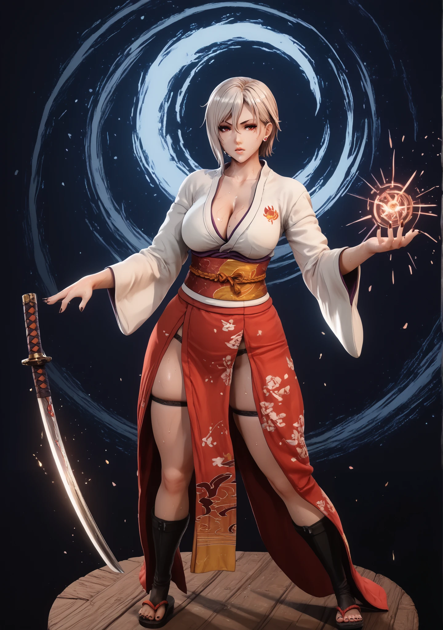 (cutesexyrobutts style:0.8), (neisan style:0.7), score_9, score_8_up, score_7_up, score_6_up, alice nakiri, short hair, red eyes, white hair, hair between eyes,3d, cgi, (voluptuous:1.3), (thick:1.3), BREAK UHD, retina, masterpiece, accurate, anatomically correct, textured skin, super detail, high details, high quality, award winning, best quality, highres, 4K, black nails, makeup, eyelashes, excessive sweating, sweating, sweating drop, (gasping, heavy breathing:1.3), (skindentation:1.2), perfect eyes, beautiful eyes, eyelashes, makeup, detailed body, perfect body, BREAK, 1girl, breasts, solo, weapon, sword, japanese_clothes, thighhighs, cleavage, sheath, katana, jewelry, kimono, earrings, dual_wielding, sash, magatama, looking_at_viewer, obi, holding, leaf_print, detached_sleeves, short_kimono, holding_weapon, full_body, unsheathing, holding_sword, magic, fantasy, (aura:1.2), black_thighhighs, sandals