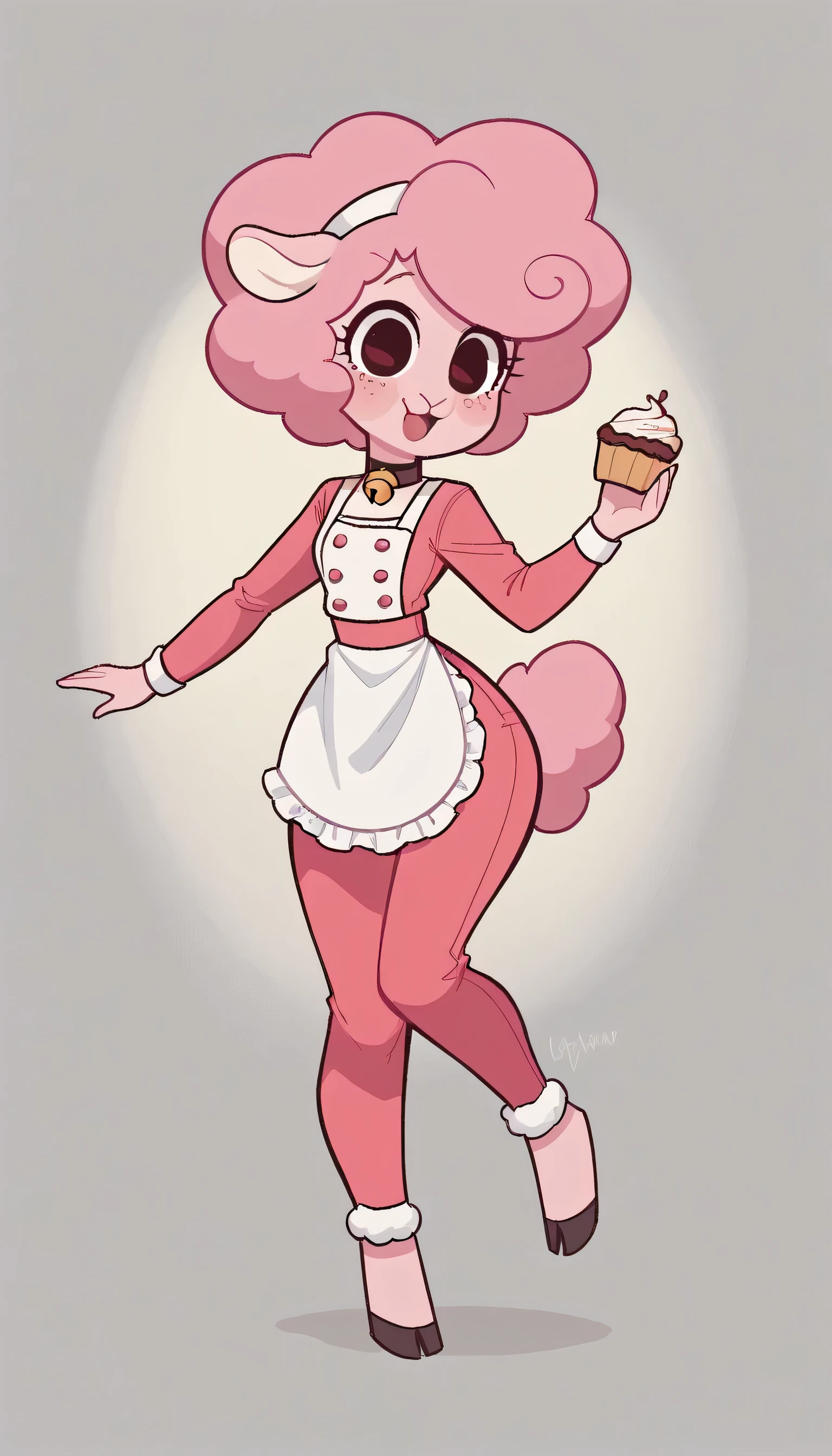 better quality, very detailed illustration , ( Anthropomorphic furry sheep:1,7) , ruffled voluminous bouncy hair , playful look, delgado, ideal body, thin waist , wide hips, simple drawing, Artifyber style , pastel flat colors , beautiful, cartoon ,solo, chef outfit, pants, suit, pastries, baker, short curly pink hair, White and Pink outfit, cute clothes, frilly apron, a smile, fluffy curly tail, sheep ears, bell collar, hooves