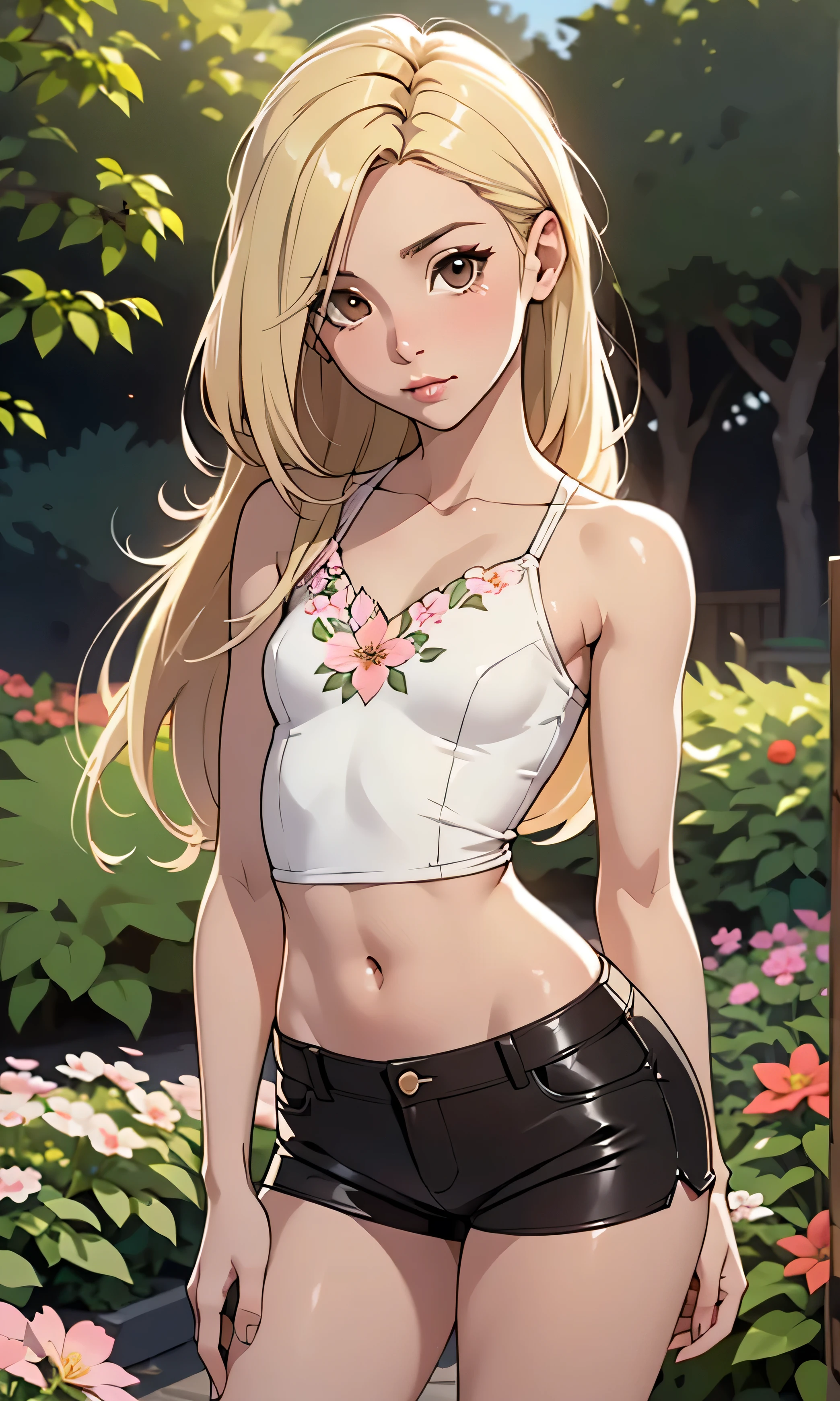  masterpiece,  high detail, A small and skinny girl, pornstar, Piper Perri, young, slim, beautiful, head on,  looking at the spectator, blonde,  long hair,  brown eyes,  medium black,  flat chest ,  flowery top , short shorts, short blanco,  textured leather,  in the garden,