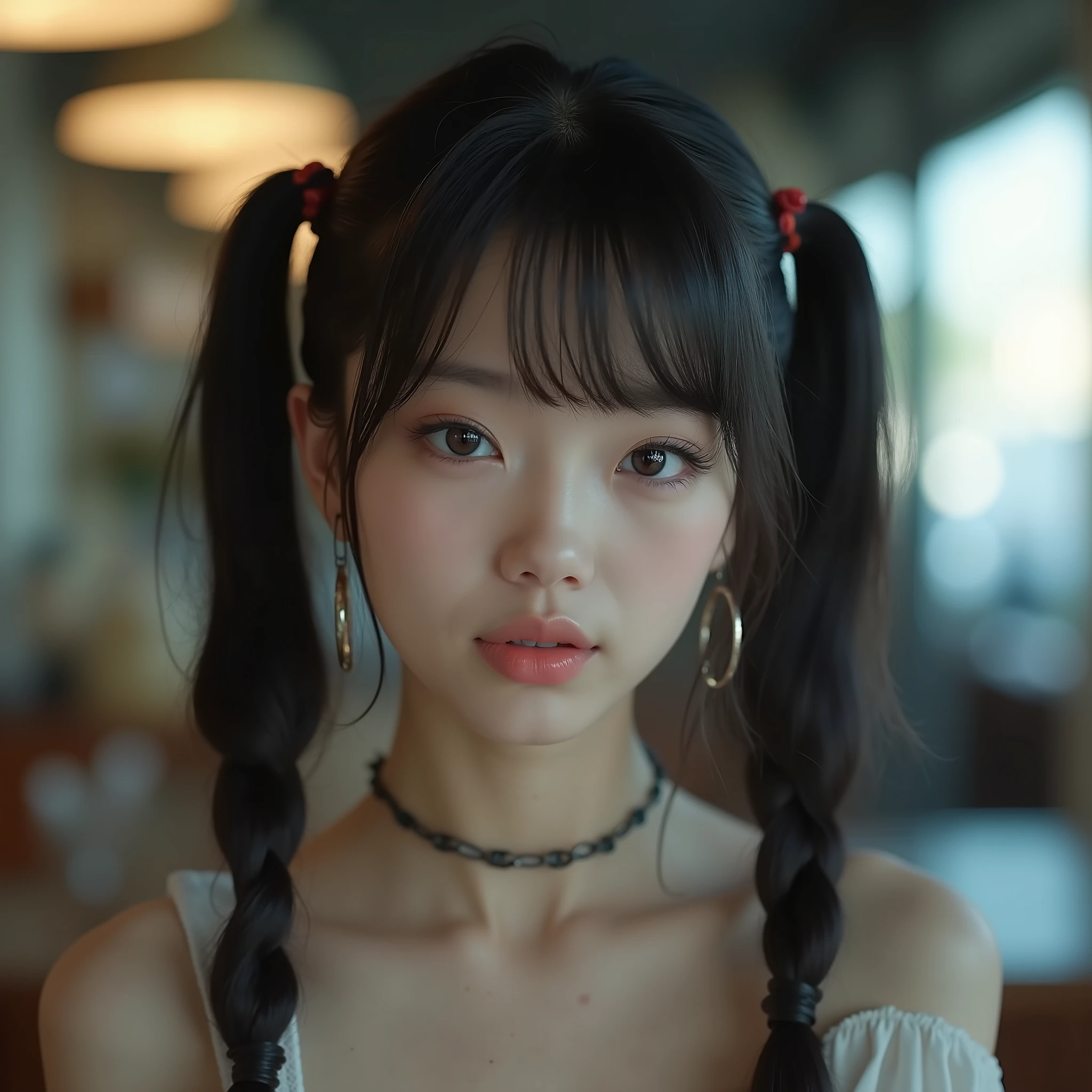 A Panavision cinematic style photo of a girl, sexy 18 year old girl , pigtails, beautiful face, gorgeous, beautiful, beautiful, beautiful face, pale skin, parts, black hair, Blue eyes, full and shiny lips , regular lips, Thick lips, half-open lips , light pink lip gloss , mask, long eyelashes , skinny thighs, petite Body, , skinny, flat chest , skinny, Body ( Body heigth:177cm), Big Head, innocent look, Young face, long pink nails, choker, feet and heels hd, large hoop earrings micro plaid skirt pink, bare shoulders tight white top , white stockings with tight ruffles , high heels in black patent leather , sweaty, working at the coffee shop , Perfect Eyes, Beautiful and highly detailed expressive eyes, detailed eyes, 35mm photograph , film, bokeh, professional, 4k, highly detailed dynamic lighting , photorealistic , 8K, raw, rico, intricate details ,