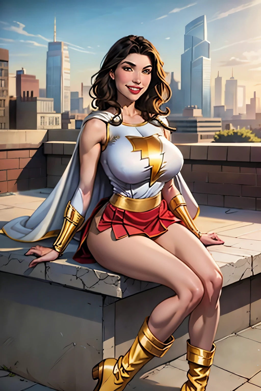 Grace Fulton, masterpiece, best quality, mary marvel, white cape, red dress, red skirt, long sleeves, bracer, large breasts, smile, looking at viewer, cityscape, rooftop, smile, yellow boots, sitting, short hair, is very big, gr4c3f, transparent clothes