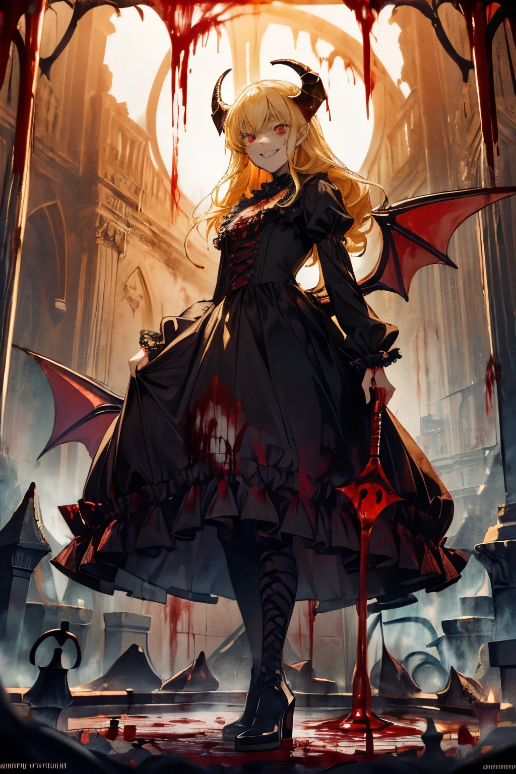 soft light, high quality, 4K resolution, masterpiece, textured skin, attention to detail, award, (best quality, 4K, high resolution, masterpiece: 1.2), realistic: 1.37, anatomy, anime style, concept art, absurd, (( tall and highly detailed )), ( beautiful), (( cute )), (world; most scary creepy demon girl: 1.5), beautiful face, full body ezbian, pale and beautiful skin, beautiful blonde, smiling gently, dark building ruins,, holding a weapon, creepy altar background, dark fantasy, red color scheme, creepy atmosphere, eye-catching, story, scary ritual, demon ritual, dark background, cinematic lighting, dramatic shadows, gothic, dark fantasy, 1 person, angel design, bloody, (blood splatter: 1.4), demon gun, horror style, steam circulation, moonlight lighting, night lighting, gothic architecture, western architecture, fantasy world, victorian city, skeleton gas lamp, (( table top), (ground: 1.3), (dark ruins stained with blood: 1.3), low angle full body shot, demon queen, blue long hair, goat horns, perfect eyes, bright blue eyes, beautiful attention to detail in face and (((red eyes))), face with shadow, beautiful girl, very cute angel, girl monster, beautiful, delicate facial features, sharp eyes, sharp fangs, sharp teeth like a beast, mouth wide open, mouth open baring teeth, scary smile, twisted smile, ((one woman with fluttering blonde hair)), female curves, sexy flat stomach, perfect hands, perfect anime character face, standing, ((evil smile )), (Mad smile:1.6),Spirit,(Girl standing in a pool of blood:1.5)), Gothic dress, Navy blue dress, Red high heels, Pink gothic fashion, Long skirt, Black long boots, ((Fantasy sweet tuffle frill pink costume)), (Pink tata dress)), (Snow White;Frill dress:1.3)