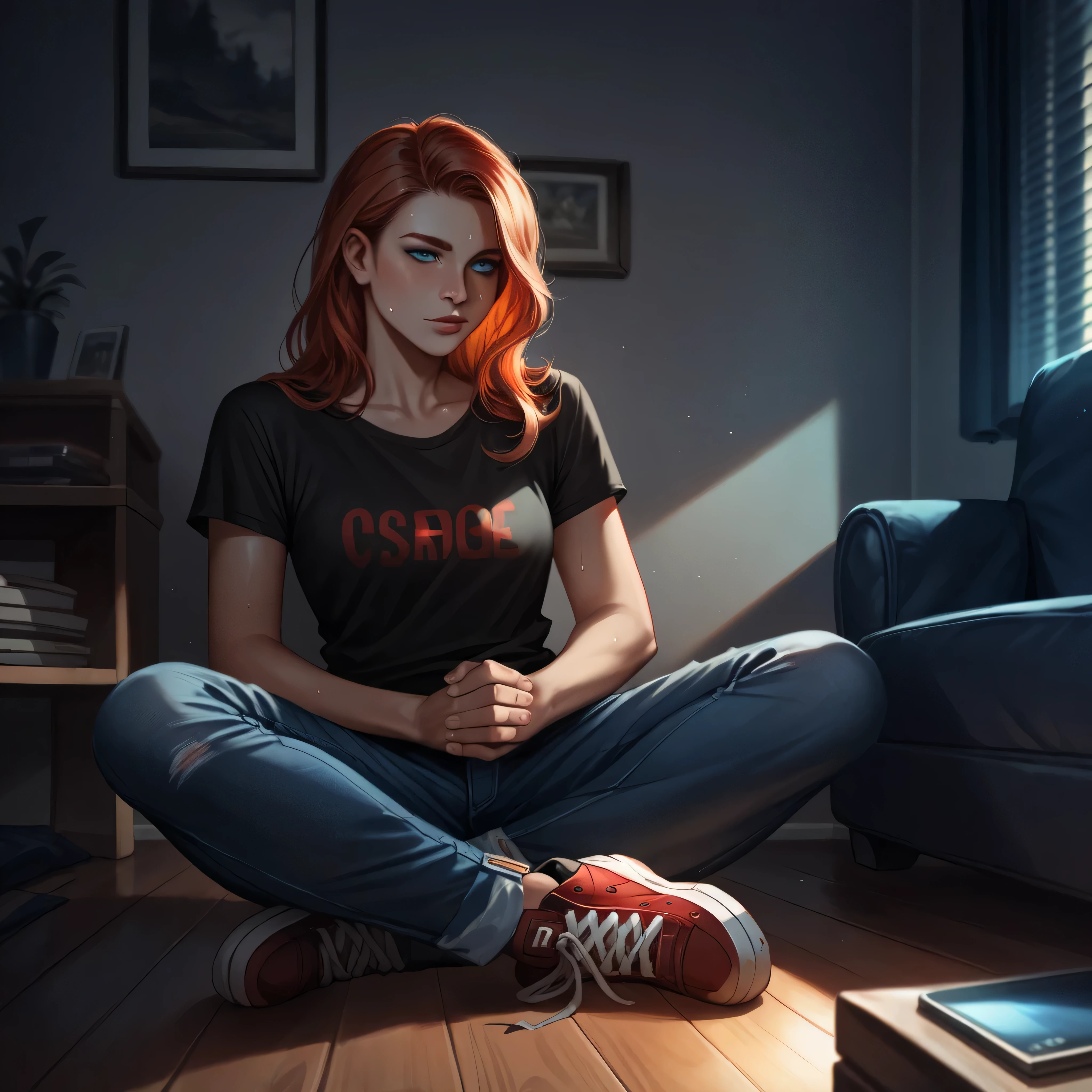 human, human face, female, clasped, blue eyes, sitting at floor, tv screen, beautiful face, exhausted, ginger hair, black t-shirt, casual clothes, blue jeans, shoes, sweating, puzzled, living room, against a wall, darkness, night, (realistic, super realistic, deep shades, dramatic light, glimpse of light, old photo, 4k, 8k, ultra detailed, masterpiece),