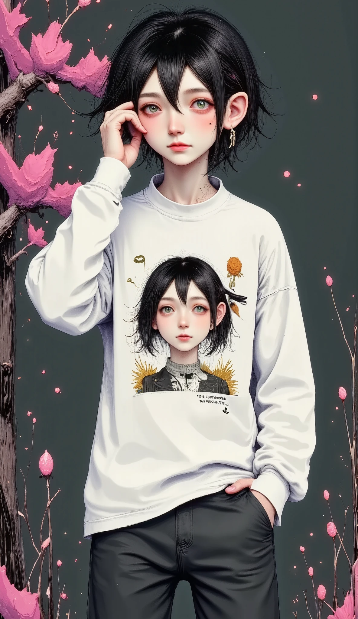 A handsome anatomically correct manga boy, full body , Plan General :1.5, Creepy hair , Perfect centralization , (franco)by Donnie , standing position , abstract beauty:1.4, centered, looking at the camera medio perfil, looking at the camera , Approaching perfection , sad, desperation , full body , hands on the head , dynamic, , seeds, sharp focus, 8K, high definition resolution , line art illustration , abstract black and white :1.3, The Art of Meat by Griffiths and Wadim Kashin , Black background