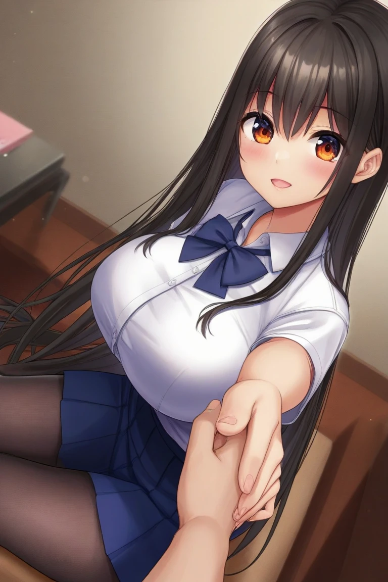 (A work depicting a scene from an anime for adults), ((Braiding, Pleated skirt, ribbon, Round face, Realistic sized eyes, Droopy eyes, blush, Smile of shame, Thin lips, Spread your legs)), (((Stand up and press your crotch against the corner of the table to masturbate))), Open your mouth, (outside, On the sidewalk, Terrace table), futa, medium penis