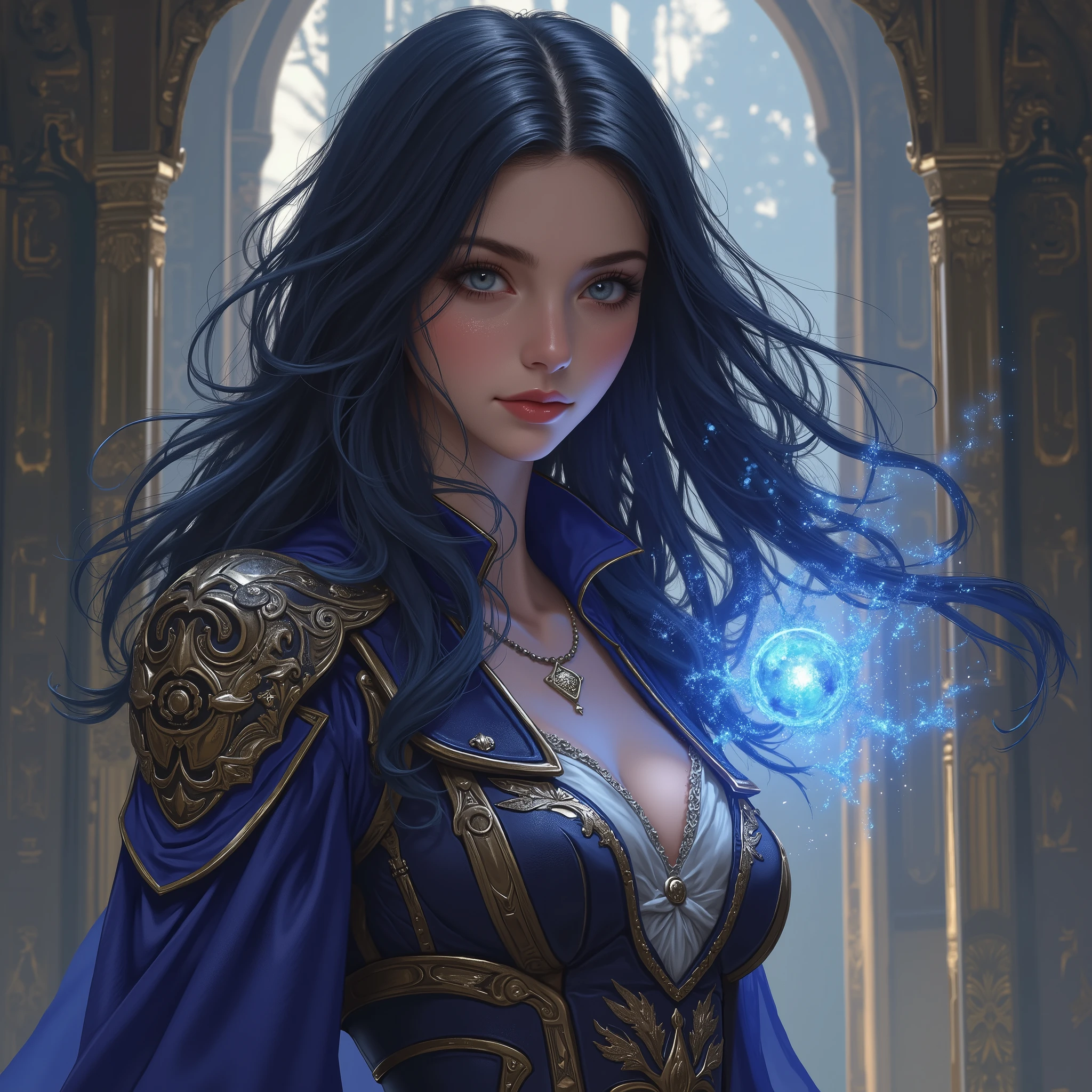 highly detailed, photorealistic, masterpiece, best quality, 8k, ultra-detailed, A close-up of a 17-year-old, extremely beautiful female face resembling Semiramis with intensely glowing blue eyes emitting blue light and red lips, displaying a cold smile. She has long black hair and is wearing a blue dress and an ornate blue crown. The scene is highly realistic and rendered in 8k resolution, with intricate details, capturing the essence of fantasy art. The glowing blue eyes should be very prominent and luminescent, illuminating the surrounding area.