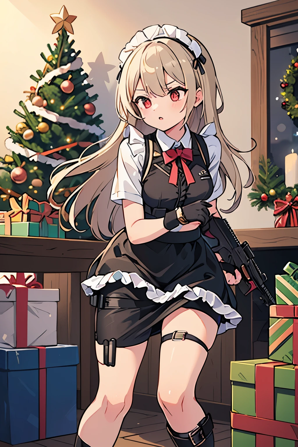 last christmas war, 2b14 ((girls' frontline)), christmas suit, (tactical maid), (tactical clothes), tactical protections, christmas clothes, (Black Ops), warrior maid, maid weapons, tactical straps, tactical frilled dress, frilled short sleeves, (frilled top), (frilled gloves), ((frilled wrist gloves)), (nave)l, (very slightly athletic abs), black and red color clothes, tactical details on clothing, christmas tactical leg straps, christmas details on clothing, (((decorative additives on clothing))), ded and black clothing details, christmas maid, tactical christmas, ((((((((Knee-length skirt)))))))), Tactical Gloves, Tactical Insertion, tactical christmas leg straps, christmas maid frontline, frontline war, ((metallic details)), special ops, tactical ornaments on clothing, (((frilled tactical top))), ((Christmas Tactical Accessories on clothing)), Combat attachments, ((tactical christmas boots)), (tactical ornaments on head), tactical suit, tactical light armor, (knee pads and elbow pads tactical protection), ((metal details)), ((tactical chest protector)), tactical christmas clothes, tactical protections, (((tactical top vest))), (((tactical vest top))), assault mission, standing,