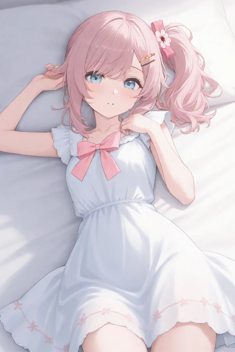 high quality, 最high quality、 Stylish design, (((The cutest girl))), ((Thin legs))、(((最high quality))), High resolution, ((detailed)), ((masterpiece)), ((Super detailed)), 24-year-old girl、(Inner Color)、((Lie on your back in bed)),((Light clothing,underwear)),((Sexual)),((Changing clothes))