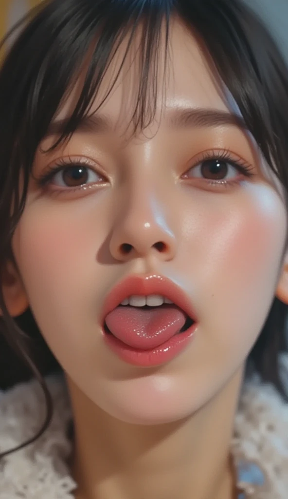 Photorealistic, Surreal, Cinema Lighting, 32K, 1 girl, look up, Backlight, (Bright light:1.2), (Improvement of quality:1.4), (Highest quality realistic textured skin:1.4), Detailed eyes, Detailed face, short hair, ,Cowgirl, From below, Sweat, Wet, (Enhances the beauty of skin texture:1.1), Matte texture, blush, Open your mouth, Roll your eyes, tears, Sticking out tongue, Semen drops, saliva, saliva trail, Lips parted, Captivating smile