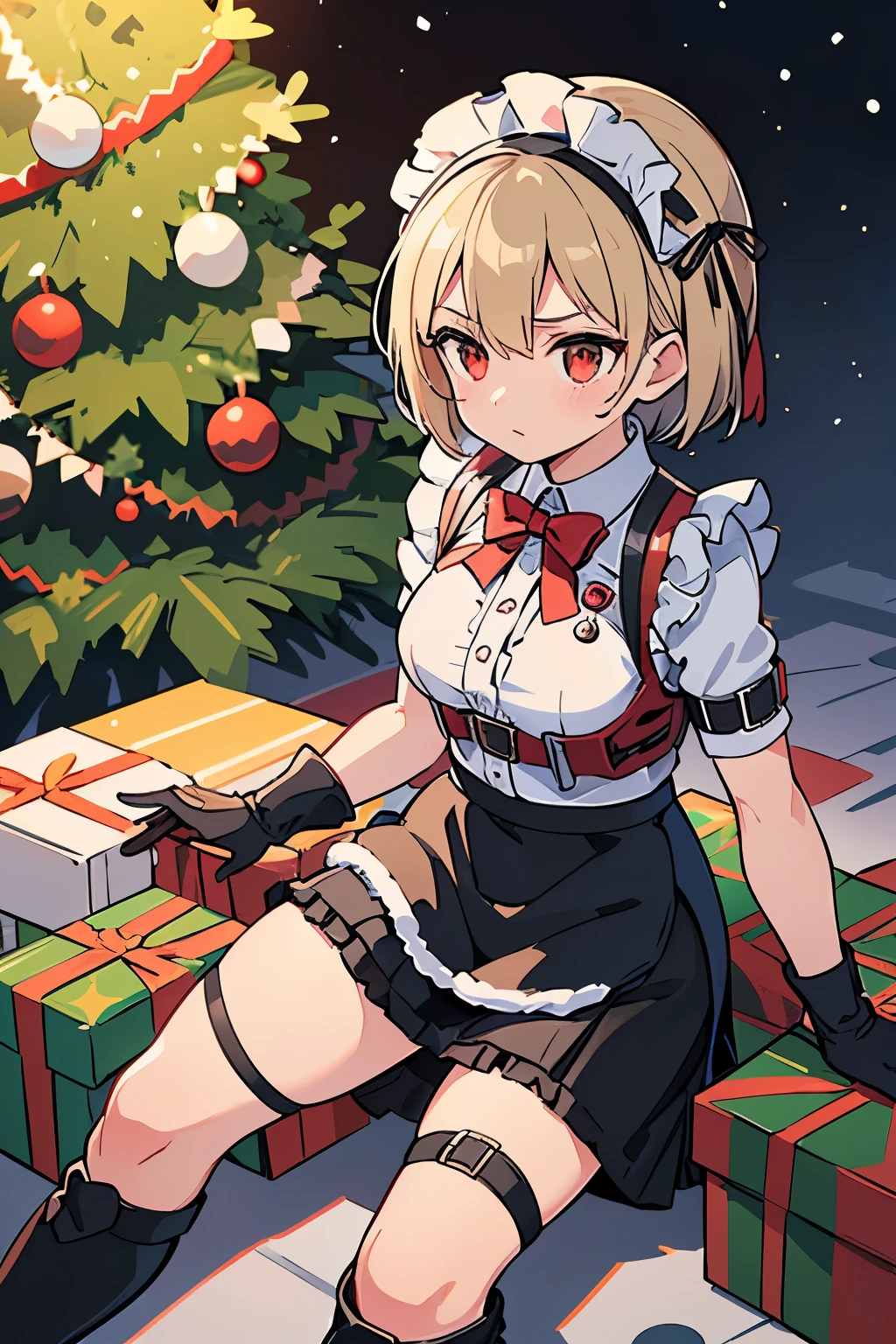 last christmas war, 2b14 ((girls' frontline)), christmas suit, (tactical maid), (tactical clothes), tactical protections, christmas clothes, (Black Ops), warrior maid, maid weapons, tactical straps, tactical frilled dress, frilled short sleeves, (frilled top), (frilled gloves), ((frilled wrist gloves)), (nave)l, (very slightly athletic abs), black and red color clothes, tactical details on clothing, christmas tactical leg straps, christmas details on clothing, (((decorative additives on clothing))), ded and black clothing details, christmas maid, tactical christmas, ((((((((Knee-length skirt)))))))), Tactical Gloves, Tactical Insertion, tactical christmas leg straps, christmas maid frontline, frontline war, ((metallic details)), special ops, tactical ornaments on clothing, (((frilled tactical top))), ((Christmas Tactical Accessories on clothing)), Combat attachments, ((tactical christmas boots)), (tactical ornaments on head), tactical suit, tactical light armor, (knee pads and elbow pads tactical protection), ((metal details)), ((tactical chest protector)), tactical christmas clothes, tactical protections, (((tactical top vest))), (((tactical vest top))), assault mission, standing,