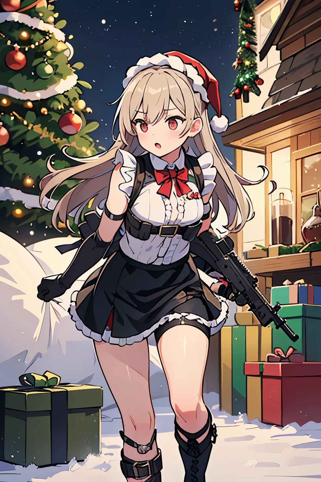 last christmas war, 2b14 ((girls' frontline)), christmas suit, (tactical maid), (tactical clothes), tactical protections, christmas clothes, (Black Ops), warrior maid, maid weapons, tactical straps, tactical frilled dress, frilled short sleeves, (frilled top), (frilled gloves), ((frilled wrist gloves)), (nave)l, (very slightly athletic abs), black and red color clothes, tactical details on clothing, christmas tactical leg straps, christmas details on clothing, (((decorative additives on clothing))), ded and black clothing details, christmas maid, tactical christmas, ((((((((Knee-length skirt)))))))), Tactical Gloves, Tactical Insertion, tactical christmas leg straps, christmas maid frontline, frontline war, ((metallic details)), special ops, tactical ornaments on clothing, (((frilled tactical top))), ((Christmas Tactical Accessories on clothing)), Combat attachments, ((tactical christmas boots)), (tactical ornaments on head), tactical suit, tactical light armor, (knee pads and elbow pads tactical protection), ((metal details)), ((tactical chest protector)), tactical christmas clothes, tactical protections, (((tactical top vest))), (((tactical vest top))), assault mission, standing,