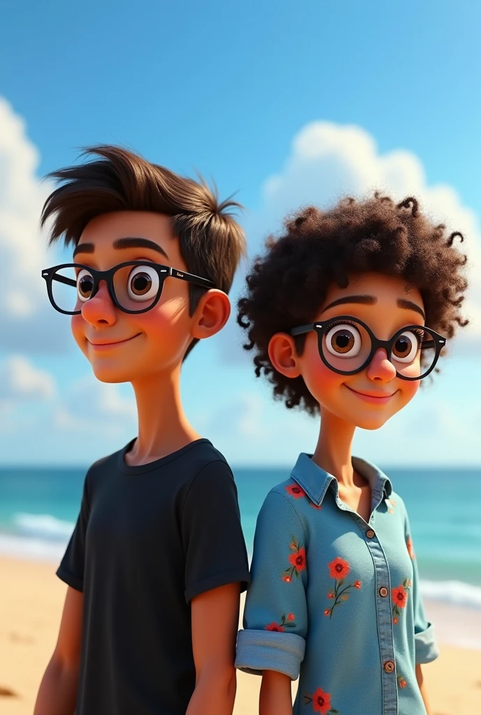 Disney pixel, com menina loiro, com olhos verde, cabelo loiro, com uma menina ao lado, morena, cabelo longe, cabelo preto, ao lado do menino em uma praia