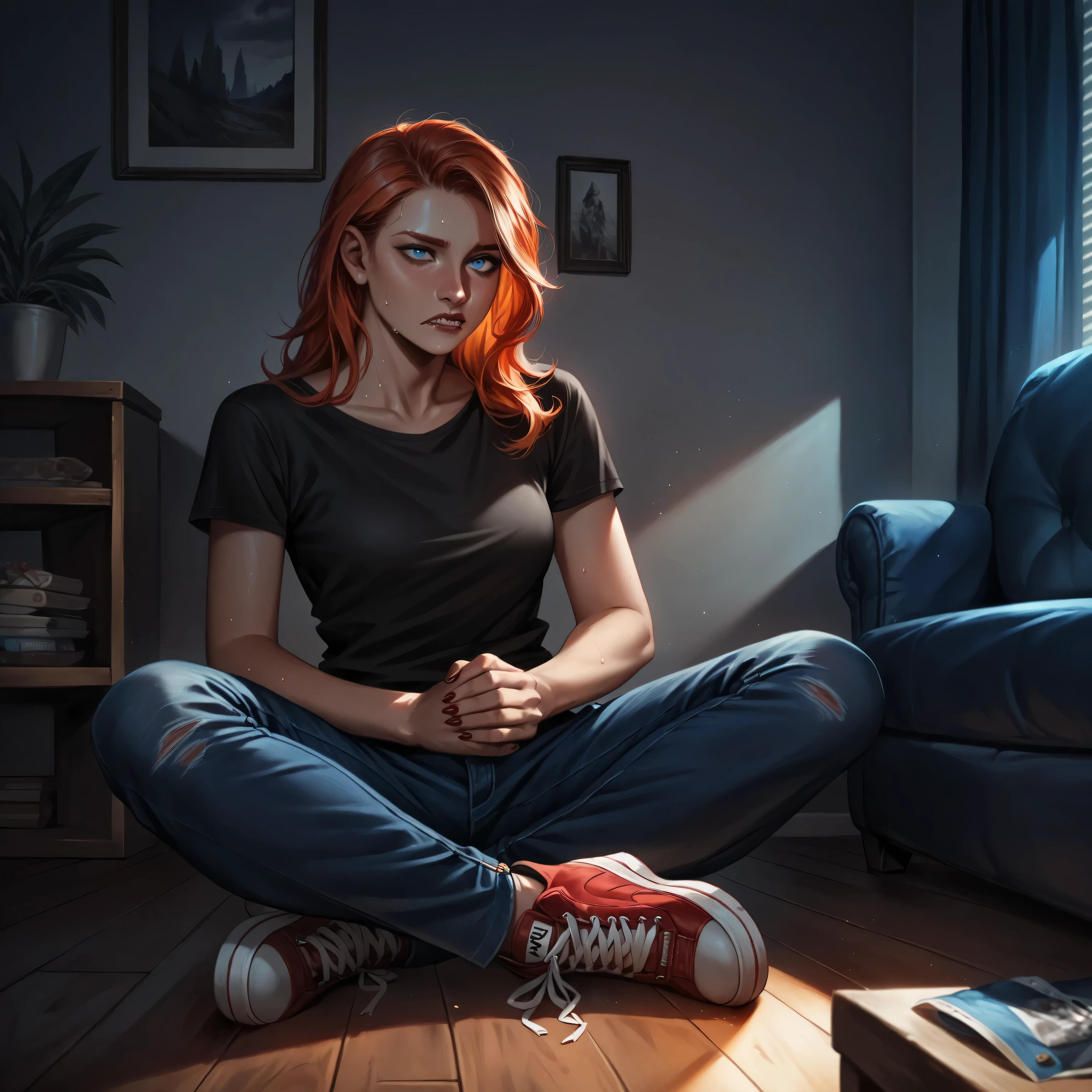 human, human face, female, clasped, blue eyes, sitting at floor, beautiful face, ginger hair, black t-shirt, blue jeans, shoes, casual clothes, [female: dragon: 0.7], gradual red and orange scales:1.1, little claws, little fangs, sweating, puzzled, confused, exhausted, sick, in pain, living room, against a wall, darkness, night,(realistic, super realistic, feep shades, dramatic light, glimpse of light, old photo, 4k, 8k, ultra detailed, masterpiece)