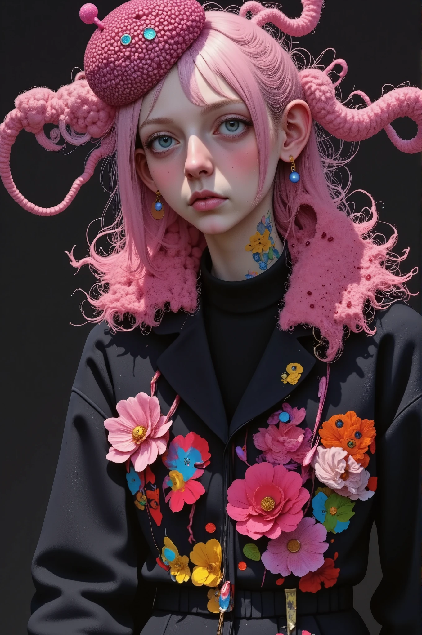 Close-up of a person wearing a hat with pink sequins and shiny glasses and round colored glasses. He wears his index fingers close to his mouth , Put your lips as if you were going to kiss painted with pink glitter , on her fingers she wears rings she wears a yellow fur coat , earrings with panda bears , she wears disheveled bangs and two twin braids on the sides of her shoulders , Her eyes wide open , beautiful and tender color cyan ; is European , olive green background ., digital art inspirado en Yanjun Cheng , tumblr, digital art, Beautiful Artistic Style , Realistic kawaii portrait , Hermoso digital art , lindo colorido adorable, work of art in the style of Guweiz , Cute cartoon style , digital art detallado y lindo , guweiz, realistic painting of A pretty girl , A pretty girl , Beautiful cartoon